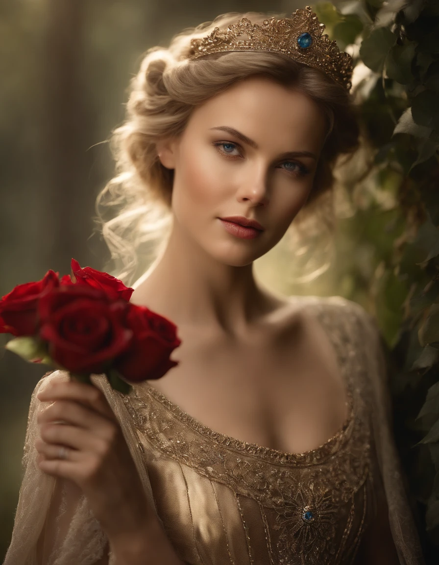 Cinematic portrait, ((medium body)), facing the audience, (Reality :1.3), the world's most beautiful artwork photo, a 20 years young charlize theron like Brook Shields smiling looking into the camera, European medieval court golden metalic dress, gorgeous, soft gauze, detailed beautiful face, light blond haired girl, with red rose hairpin on the side , action shooting, (intricate :1.4), medieval court background, Photo realistic, CG, art station arafed woman in a dress holding a bouquet of flowers, karol bak uhd, ethereal beauty, gorgeous woman, lovely bohemian princess, beautiful maiden, beautiful model, gorgeous young model, style of julia razumova, rosen maiden, beautiful fantasy maiden, romantic gown, portrait shot, a stunning young ethereal figure, ekaterina, monia merlo