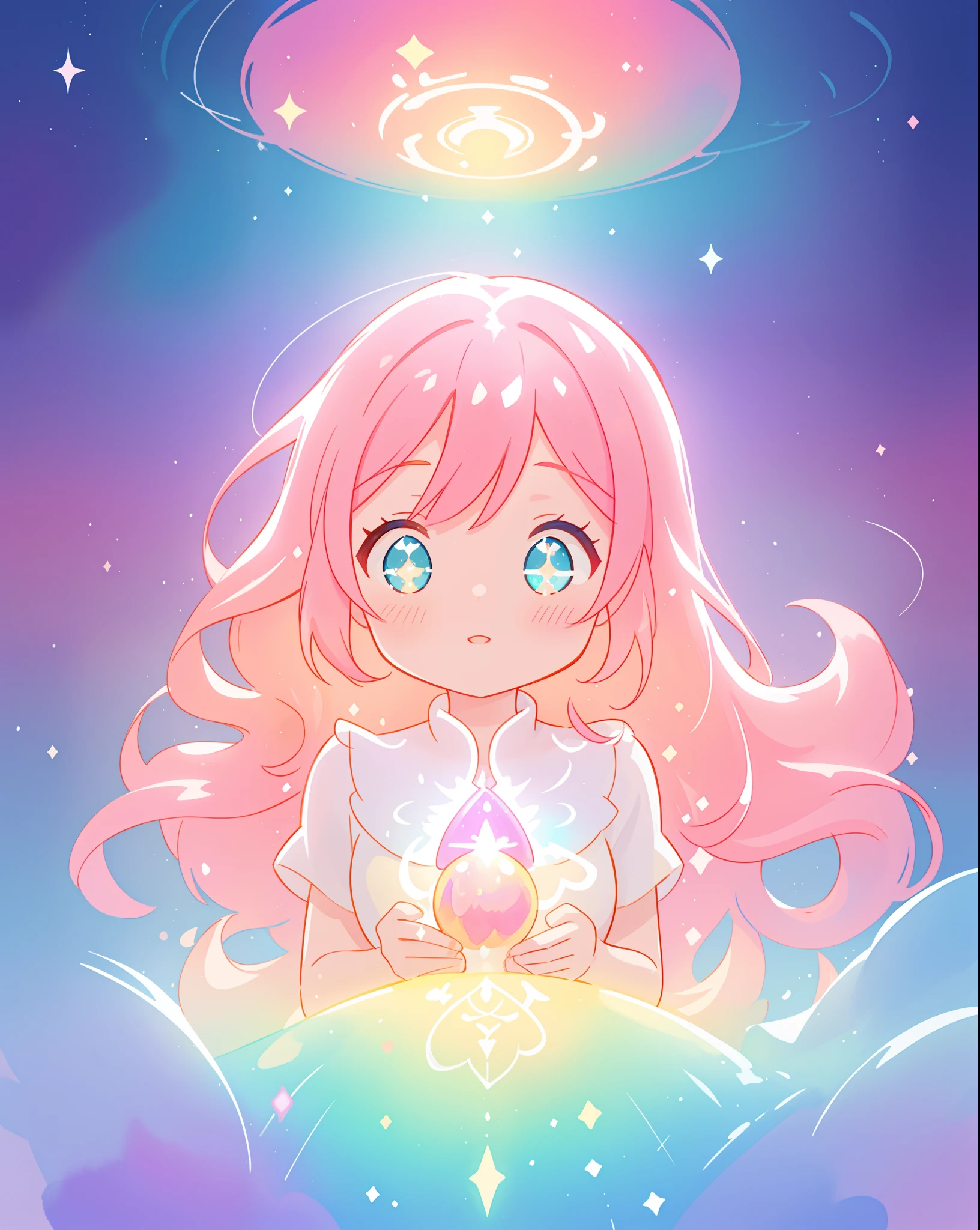 beautiful girl in sparkling gradient ballgown, long wavy peach pink hair, vibrant pastel colors, (colorful), colorful watercolor background, ethereal, magical lights, sparkling liquid light, inspired by Glen Keane, inspired by Lois van Baarle, disney art style, by Lois van Baarle, glowing aura around her, by Glen Keane, jen bartel, glowing lights! digital painting, flowing glowing hair, glowing flowing hair, beautiful digital illustration, fantasia background, whimsical, magical, fantasy, beautiful face, ((masterpiece, best quality)), intricate details, highly detailed, sharp focus, 8k resolution, sparkling detailed eyes, liquid watercolor