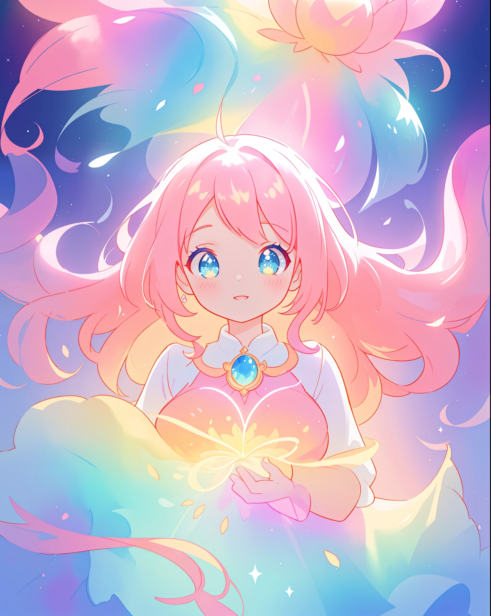 beautiful girl in sparkling gradient ballgown, long wavy peach pink hair, vibrant pastel colors, (colorful), colorful watercolor background, ethereal, magical lights, sparkling liquid light, inspired by Glen Keane, inspired by Lois van Baarle, disney art style, by Lois van Baarle, glowing aura around her, by Glen Keane, jen bartel, glowing lights! digital painting, flowing glowing hair, glowing flowing hair, beautiful digital illustration, fantasia background, whimsical, magical, fantasy, beautiful face, ((masterpiece, best quality)), intricate details, highly detailed, sharp focus, 8k resolution, sparkling detailed eyes, liquid watercolor