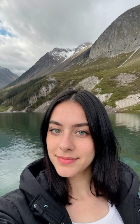 A young woman from Northern Europe, 18 years old, light green eyes, happy, cute face, pale skin, black hair, eyeliner, thin nose, wearing a coat, a lake in a mountain in the background, amateur selfie, amateur selfie quality