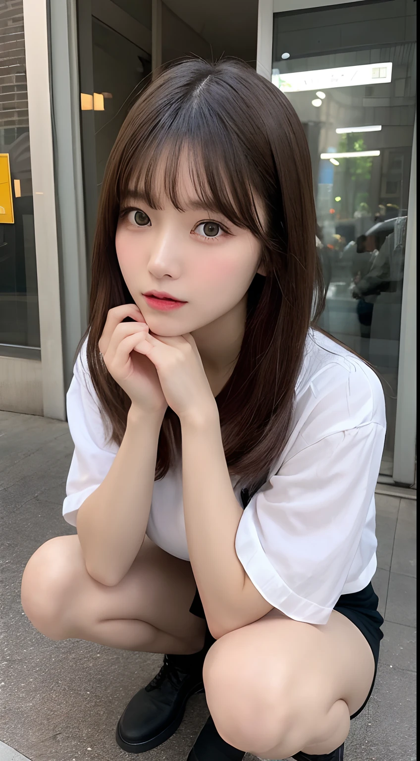 finely detail, hight resolution, hightquality、Perfect dynamic composition, Beautiful detailed eyes, Medium Hair, Colossal tits 、Natural Color Lip, Squatting,Kamimei、Shibuya、college aged、1 persons、Transparent skin、Glowing hair