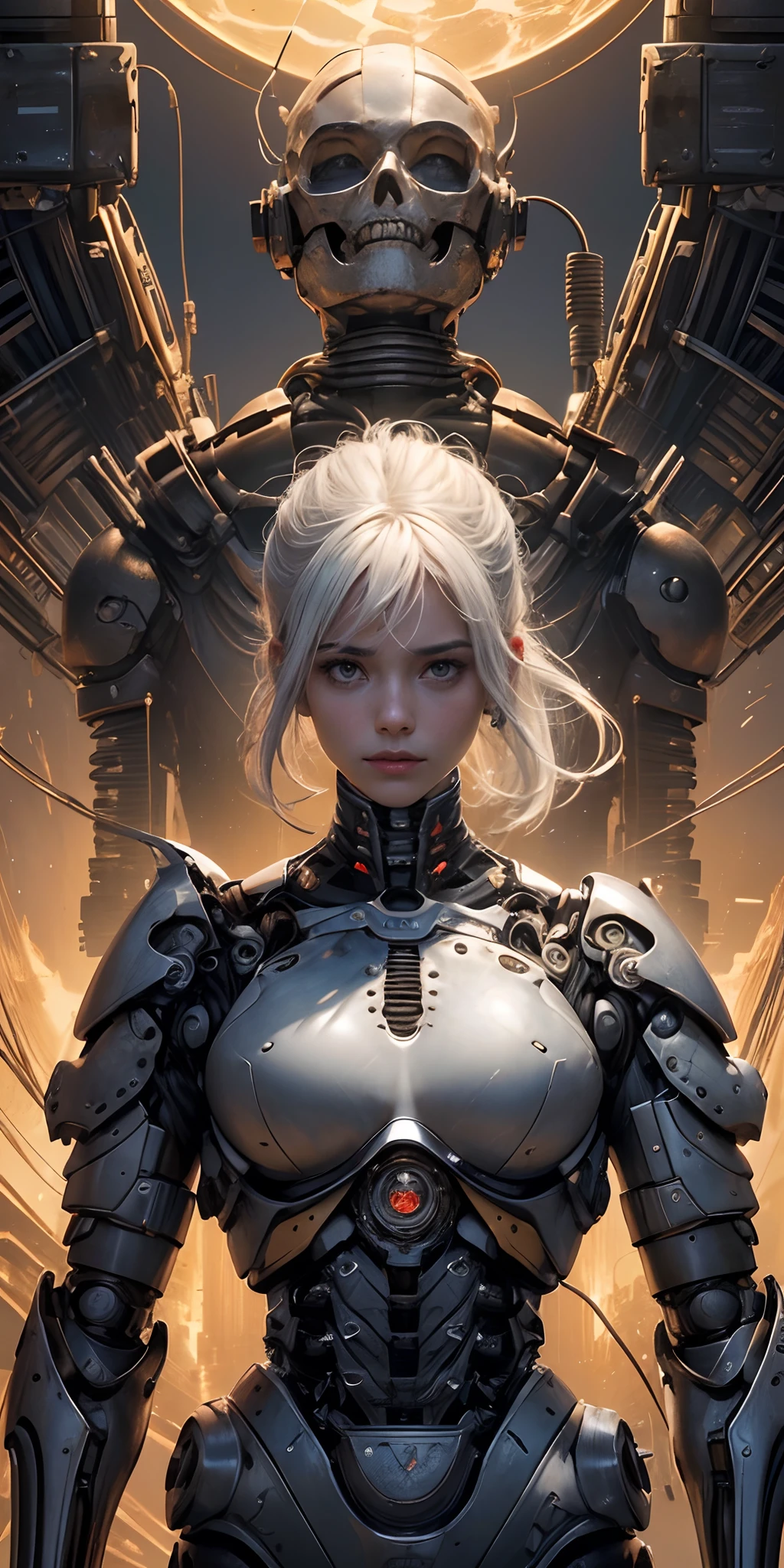 ((, La mejor calidad, 8k, Obra maestra :1.3)), todo el cuerpo, robot (((Obra maestra))), ((La mejor calidad)), (Ultra detallado), (cg illustration), (Un extremadamente tortuoso y hermoso)), cinematiclight, ((1 mechanical girl)), soltero, (Life Made by Machine), ((mechanical limbs)), ((Mechanical cervical vertebrae attached to the neck), (serio), inexpresivo, (Alambres y cables unidos a la cabeza y al cuerpo: 1.5), (Enfoque del personaje), Science-Fiction, El fin de los tiempos.,white hair ,big tits