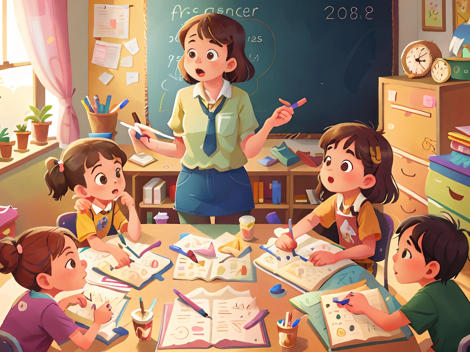 In the art classroom of the school，A female teacher is giving a lesson in a hoarse voice，There were five  sitting around the table at the bottom，There were a lot of colored pencils and drawing papers on the table