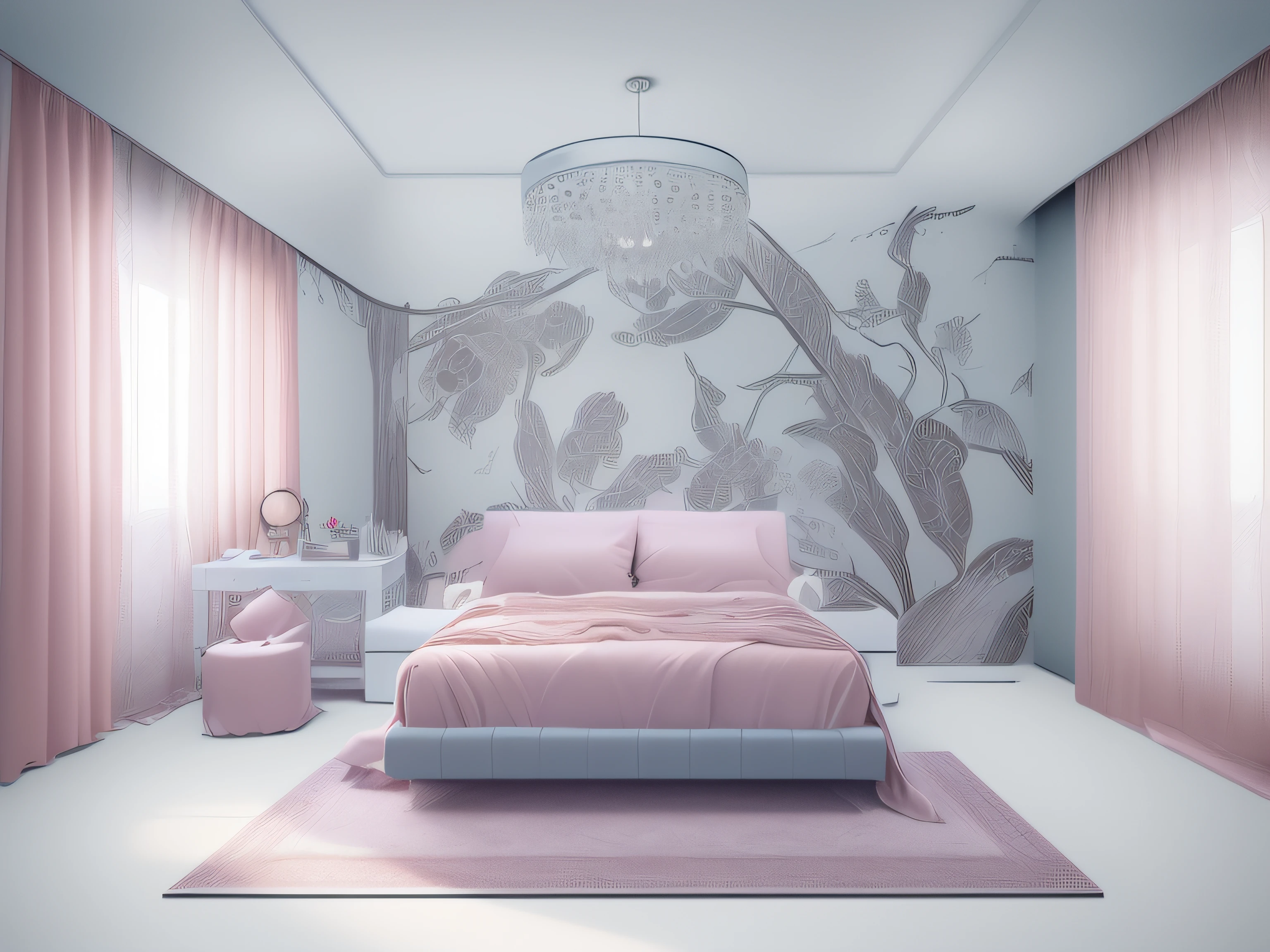 (best quality, 4k, 8k, high resolution, masterpiece: 1.2), super detailed, (realistic, photo-realistic, photo-realistic: 1.37), pink bedroom, cozy, soft space commercial and inviting, pillows and duvets, wall art decoration, decorative flowers, modern furniture, dreamy atmosphere, delicate pastel colors, warm sunlight shining through the windows, relaxing environment and serenity, comfortable seating area, lush carpets, delicate curtains, cozy reading nook, peaceful and quiet setting, homely and welcoming, impeccable attention to detail , stylish and elegant, meticulously arranged interior, bright and airy, soft and gentle texture, luxurious and elegant, gently scented candles, dreamlike quality, harmonious colors and gentle, delicate shimmer and shine, serenity and tranquility, rustic and classic accents