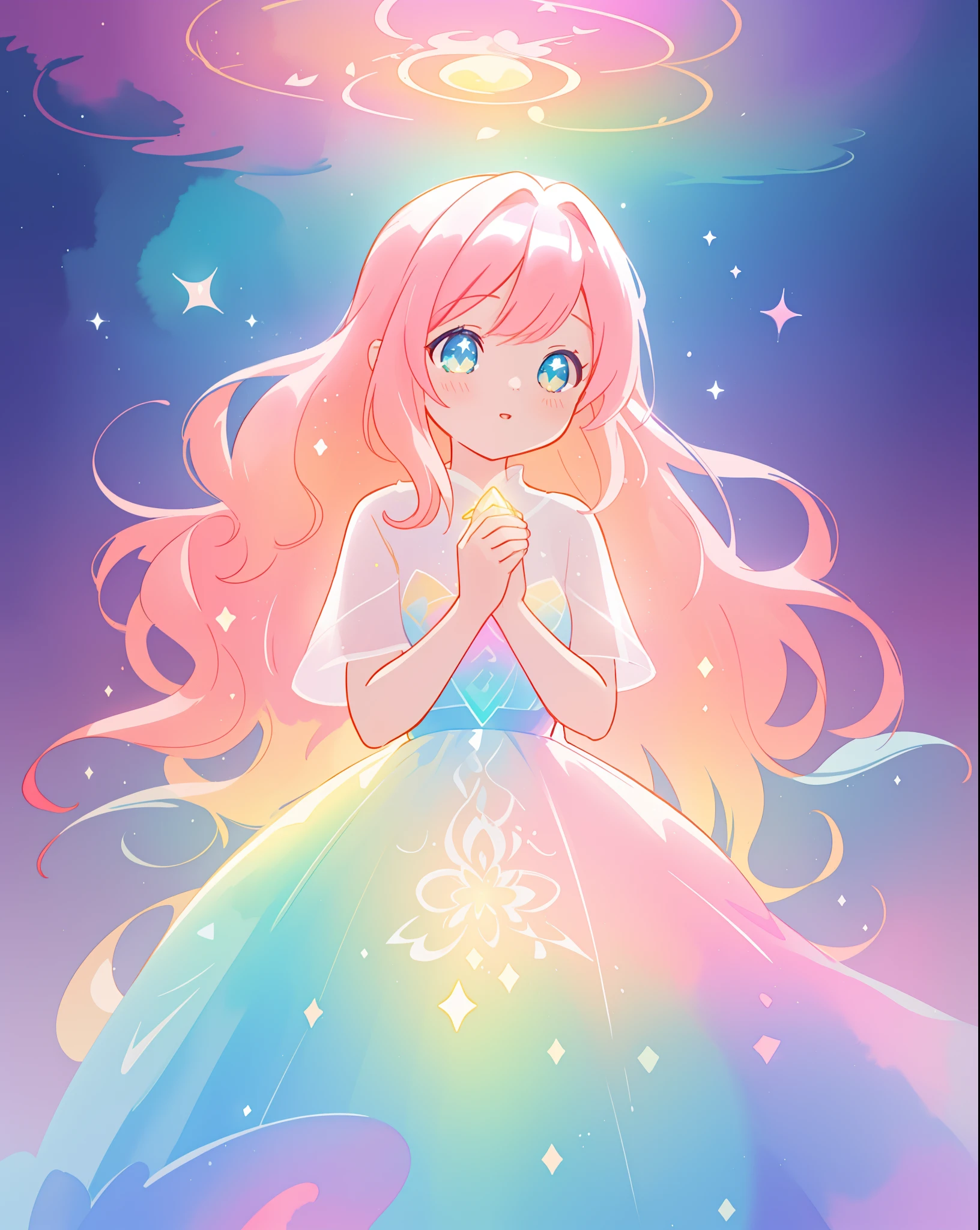 beautiful girl in sparkling gradient ballgown, long wavy peach pink hair, vibrant pastel colors, (colorful), colorful watercolor background, ethereal, magical lights, sparkling liquid light, inspired by Glen Keane, inspired by Lois van Baarle, disney art style, by Lois van Baarle, glowing aura around her, by Glen Keane, jen bartel, glowing lights! digital painting, flowing glowing hair, glowing flowing hair, beautiful digital illustration, fantasia background, whimsical, magical, fantasy, beautiful face, ((masterpiece, best quality)), intricate details, highly detailed, sharp focus, 8k resolution, sparkling detailed eyes, liquid watercolor
