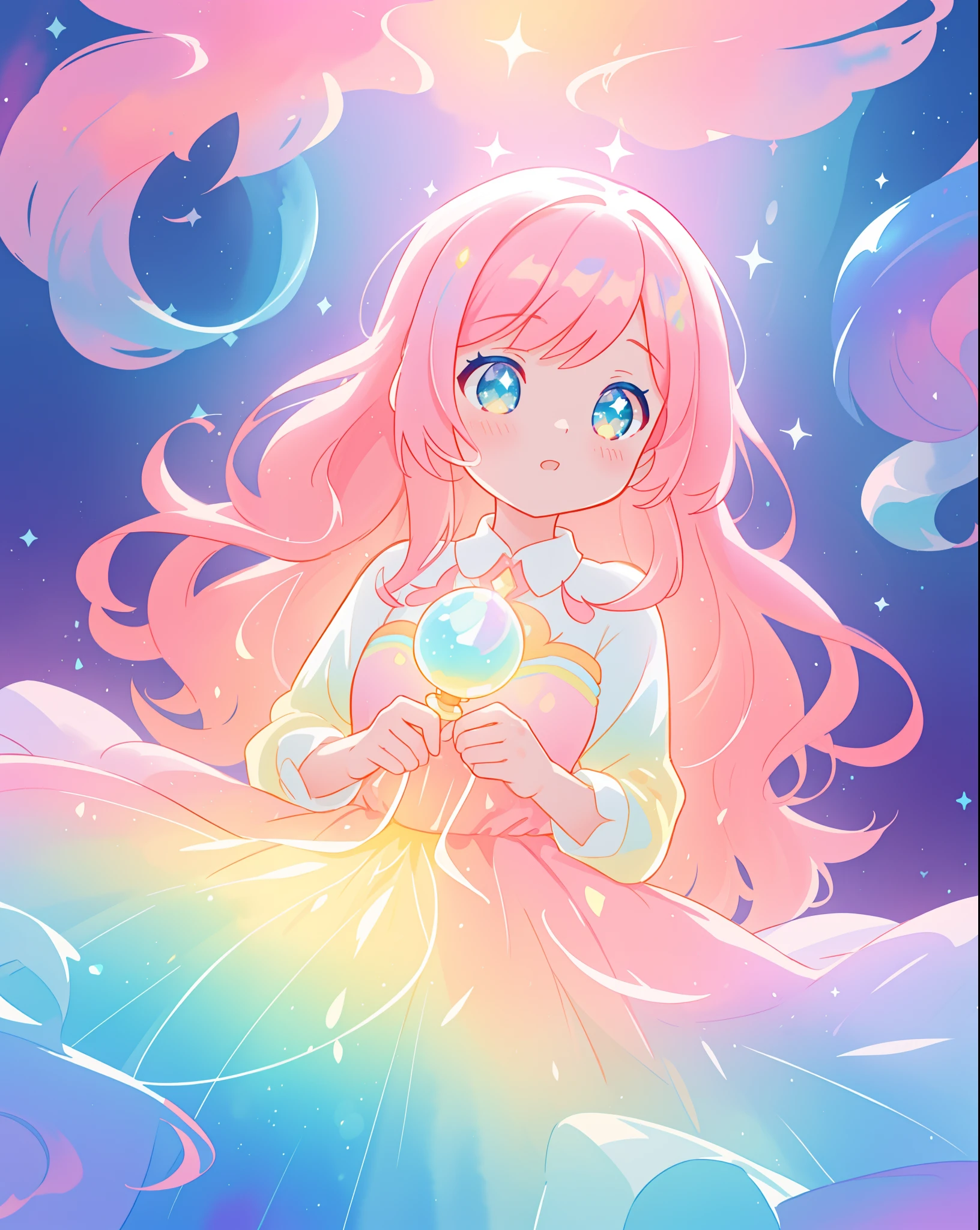 beautiful girl in sparkling gradient ballgown, long wavy peach pink hair, vibrant pastel colors, (colorful), colorful watercolor background, ethereal, magical lights, sparkling liquid light, inspired by Glen Keane, inspired by Lois van Baarle, disney art style, by Lois van Baarle, glowing aura around her, by Glen Keane, jen bartel, glowing lights! digital painting, flowing glowing hair, glowing flowing hair, beautiful digital illustration, fantasia background, whimsical, magical, fantasy, beautiful face, ((masterpiece, best quality)), intricate details, highly detailed, sharp focus, 8k resolution, sparkling detailed eyes, liquid watercolor