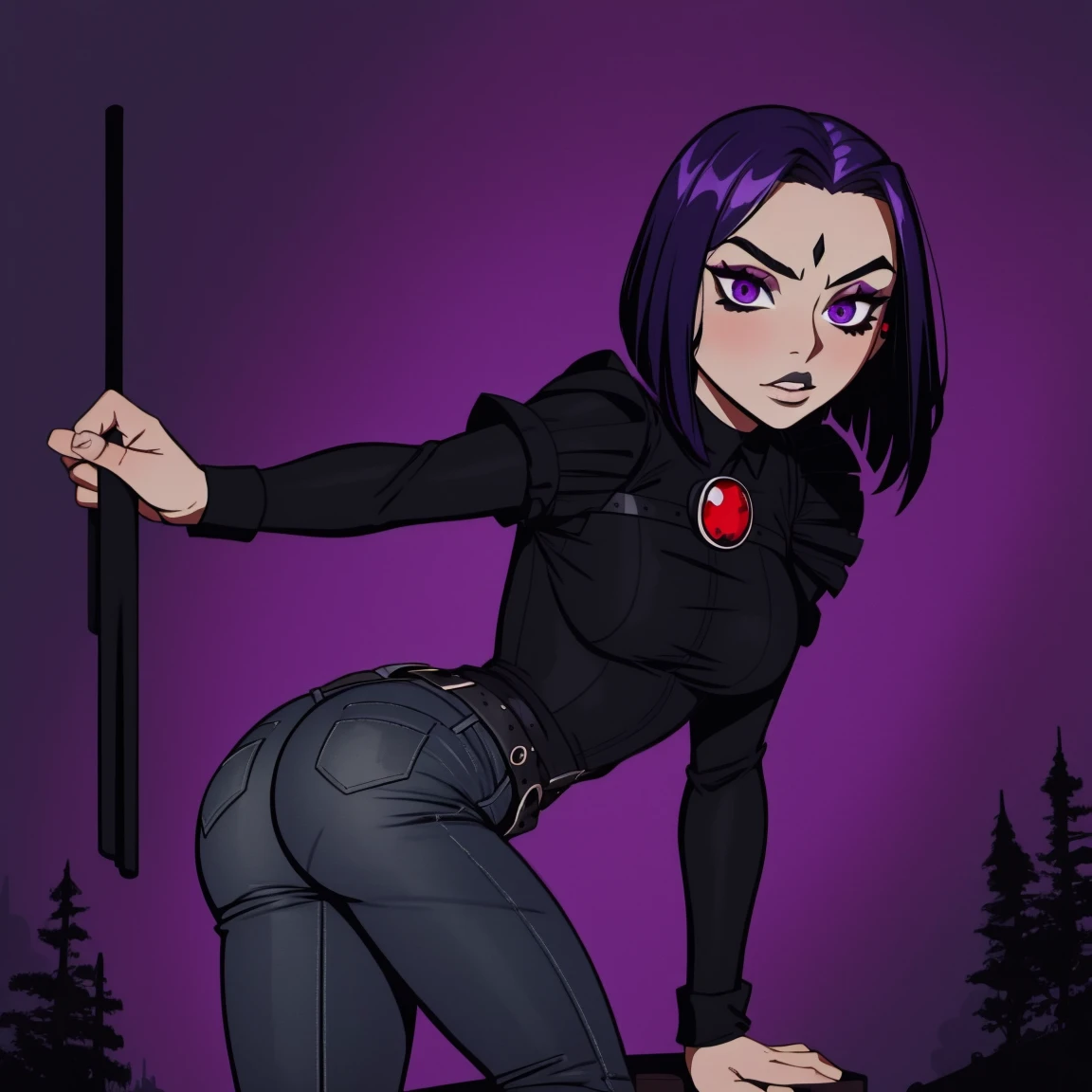 Raven, teen titans, maid outfit, jeans, jeans, jeans, nice ass, goth girl, autumn forest background, detailed, detailed, detailed, beautiful, detail, goth girl, masterpiece, purple clothes, red jewel centre head, dark night background, gothic, goth, goth, detailed, goth girl, piercings, detailed face, looking viewer, raven, (Dark eye shadow) dark eye shadow, black eye shadow, maid outfit