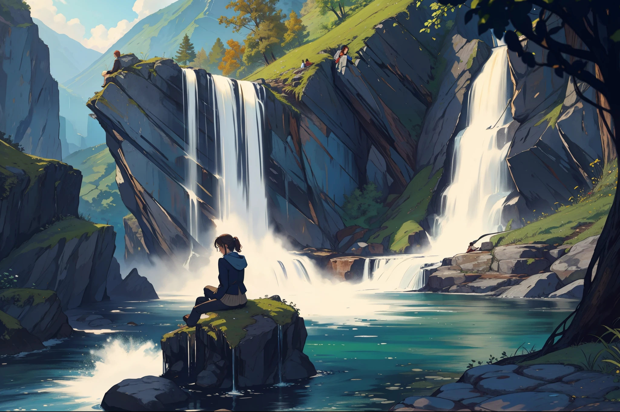 woman sitting on a cliff, a cascading waterfall in the distance