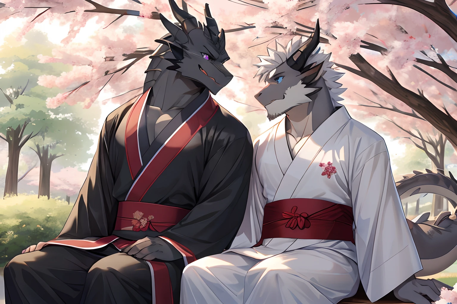 (Best Quality), Duo, 1Male, (Furry Gray Dragon), Blue Eyes, White Medium Hair, Kimono Male Set, Strong Fit Body, Good Looking, 1Male, (Furry Black Dragon), Purple Eyes, Gray Medium Hair, Gray Facial Hair, Kimono Male Set, Good Looking, Strong Fit Body, ((Gray Dragon Sitting With Black Dragon)), Sitting near Sakura Trees, Sakura Leaf Falling, Smiling, Comfortable, Joy Expression, Morning, Park Background