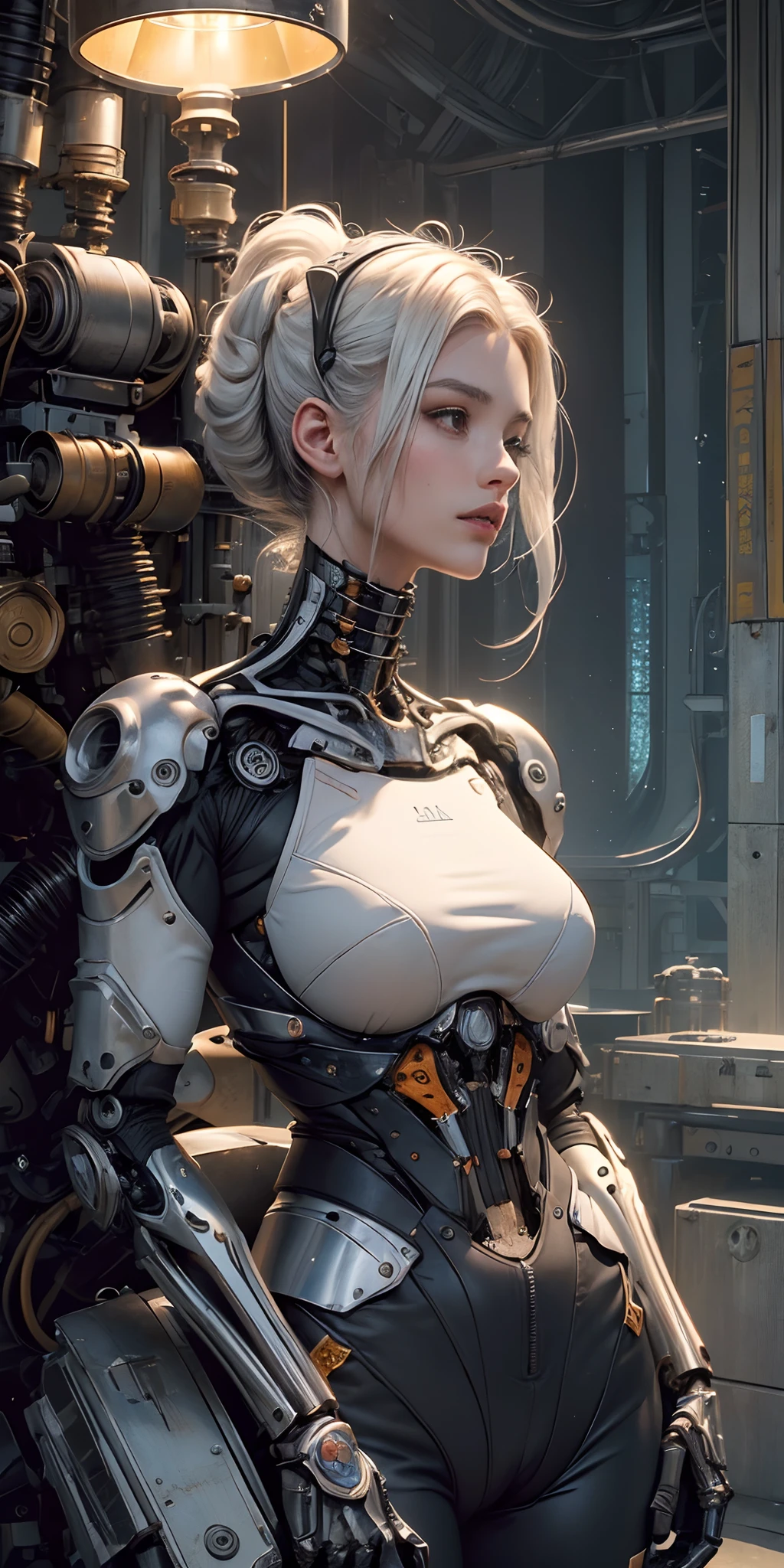 Sophisticated 3D visualization of a super-detailed human face from a porcelain profile, Cyborg, robotic details, 150 mm, Beautiful studio soft light, rim light, Vivid details, luxurious cyberpunk, lace, A hyper-realistic, anatomical, facial muscles, cable electrical wires, microchip, elegant, Beautiful background, Octane Render, H. r. Giger style, 8K, Best Quality, Masterpiece, illustartion, extreamly delicate and beautiful, Extremely detailed ,computer graphics ,unity ,wallpapers, (Realistic, photo-realistic:1.37),Amazing, finely detail, Masterpiece,Best Quality,official arts, Extremely detailed computer graphics Unity 8K wallpaper, absurdress, incredibly absurdres, a robot, Silver Halmet, full - body, sitting