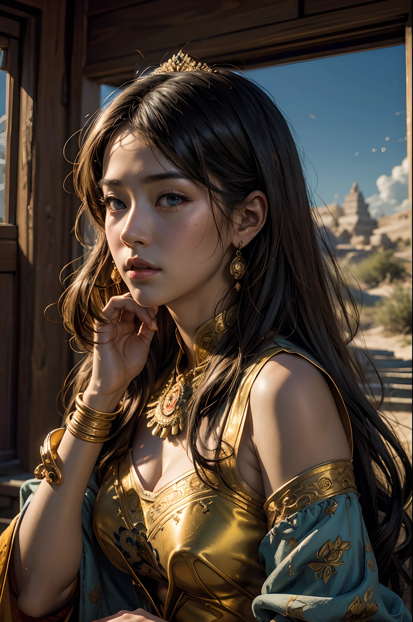 (RAW photo, Best quality), (Realistic, photo-realistic:1.3),Best quality,Highly detailed,Masterpiece,Ultra-detailed,illustration,1girll,The upper part of the body_Body,Dynamic Angle,world masterpiece theater,Messy_Long_Hair,Best quality,Extremely detailed Cg Unity 8K wallpaper,ink,Amazing,Cinematic lighting,lens_flare, dunhuang_Style,02