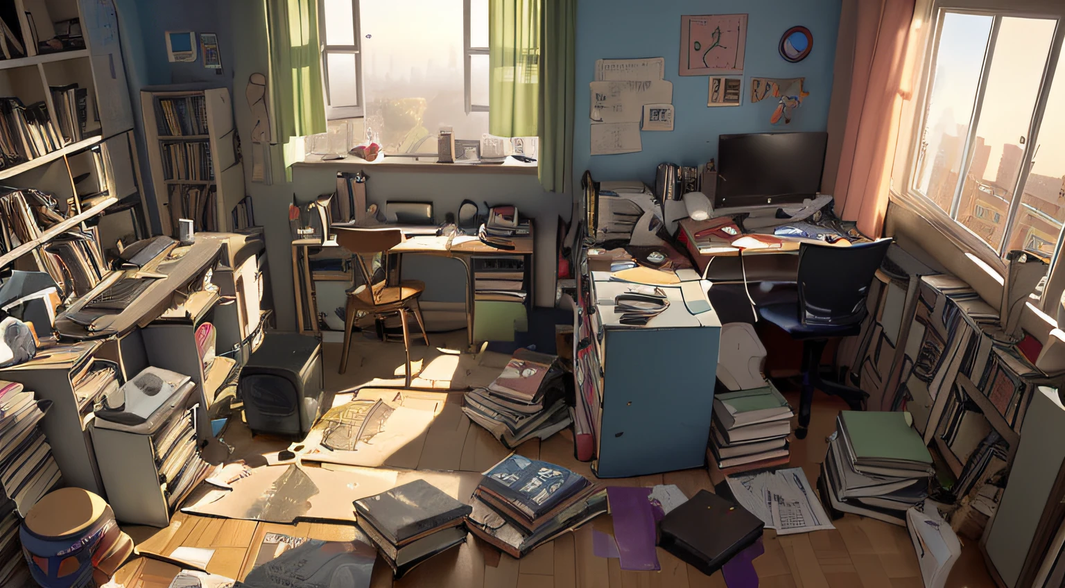Room for teenagers, Messy, Books were scattered on the ground, Computer, stereo, Windows with sunset, Cartoon style --auto --s2