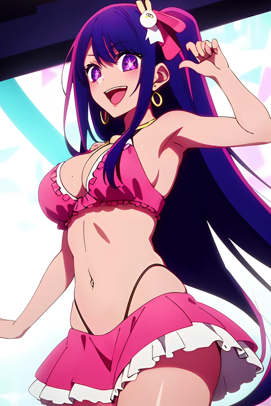 ighly detailed、(1 girl in:1.2)、purple hair、pink dress、big eye、Close up、smile、8k、Ai hoshino、Live performance venue,(((Masterpiece))), alone, Long hair, Smile, open mouth, navel, cleavage, jewelry, big breasts, wide thighs, wide hips, swimsuit, closed eyes, purple bikini, Shot, Earrings, choker, interior, necklace, In, purple bikini, Bikini with side bow, black choker, piercing, floral print, ear piercing, thread bikini, lilac flower print bikini,