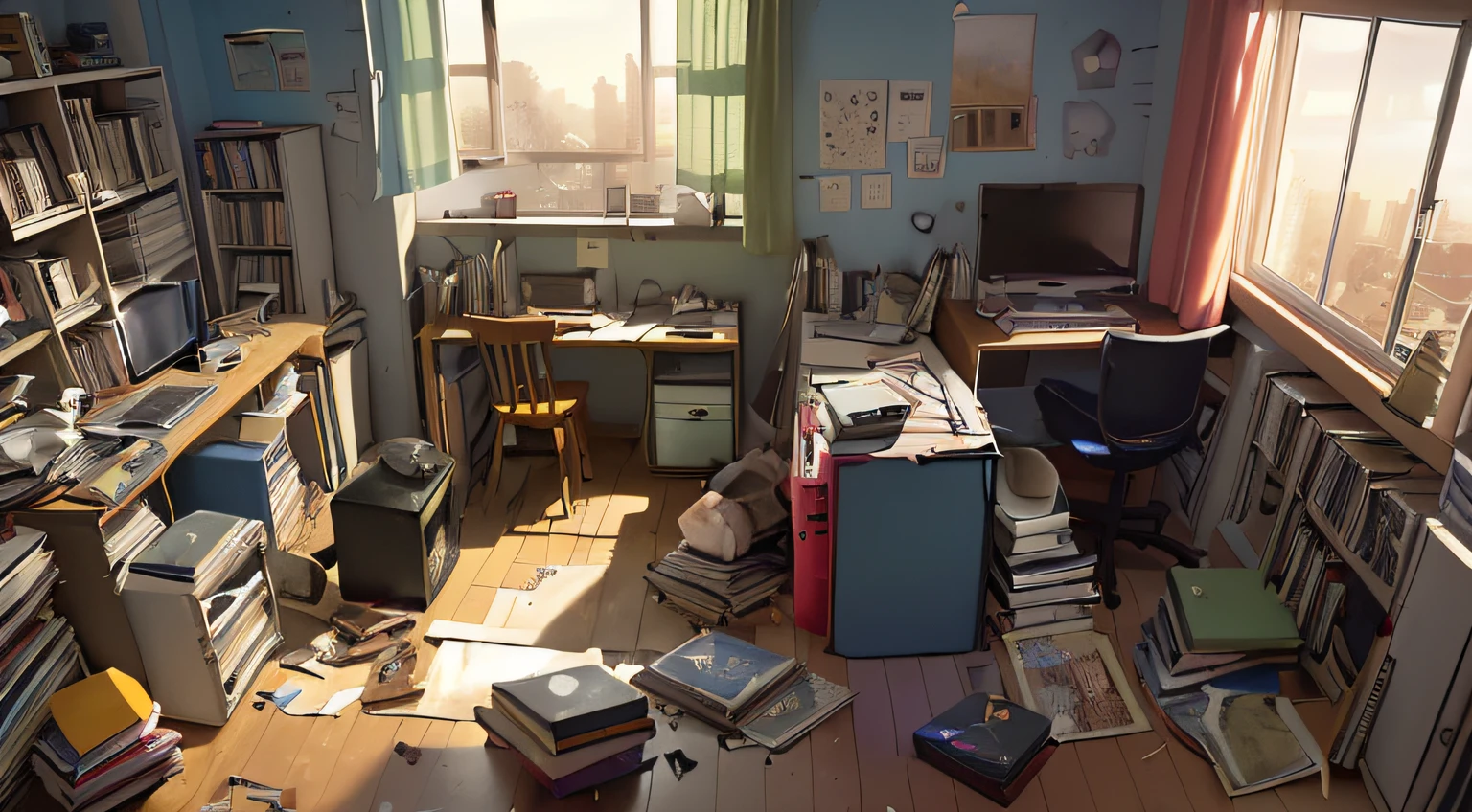 Room for teenagers, Messy, Books were scattered on the ground, Computer, stereo, Windows with sunset, Cartoon style --auto --s2