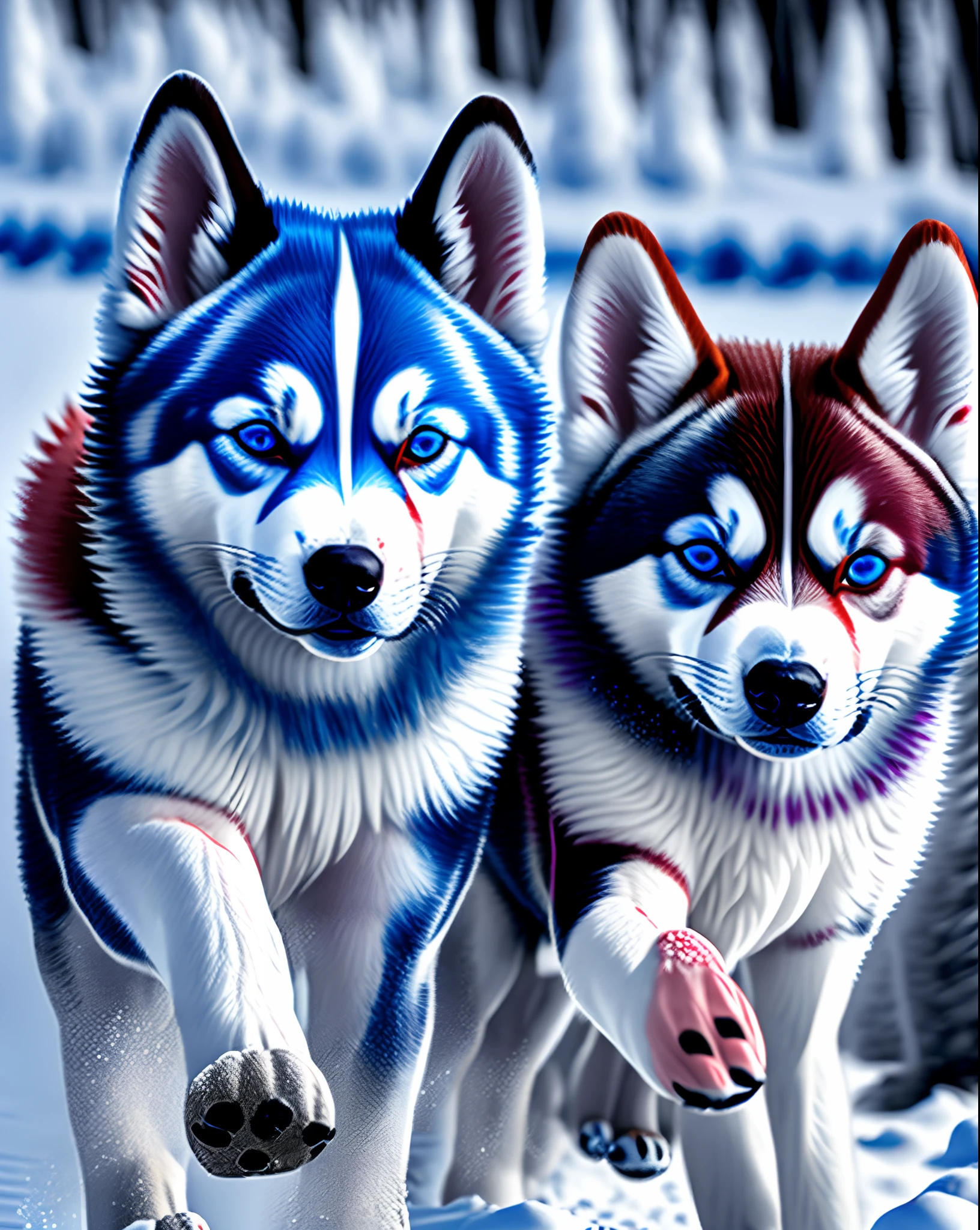 Red husky puppy with blue eyes and black adult husky with blue eyes racing in the iditarod race in alaska