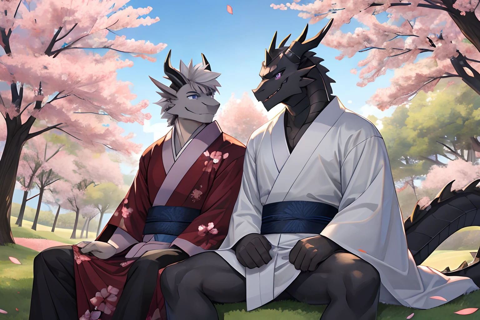 (Best Quality), Duo, 1Male, (Furry Gray Dragon), Blue Eyes, White Medium Hair, Kimono Male Set, Strong Fit Body, Good Looking, 1Male, (Furry Black Dragon), Purple Eyes, Gray Medium Hair, Gray Facial Hair, Kimono Male Set, Good Looking, Strong Fit Body, ((Gray Dragon Sitting With Black Dragon)), Sitting near Sakura Trees, Sakura Leaf Falling, Smiling, Comfortable, Joy Expression, Morning, Park Background