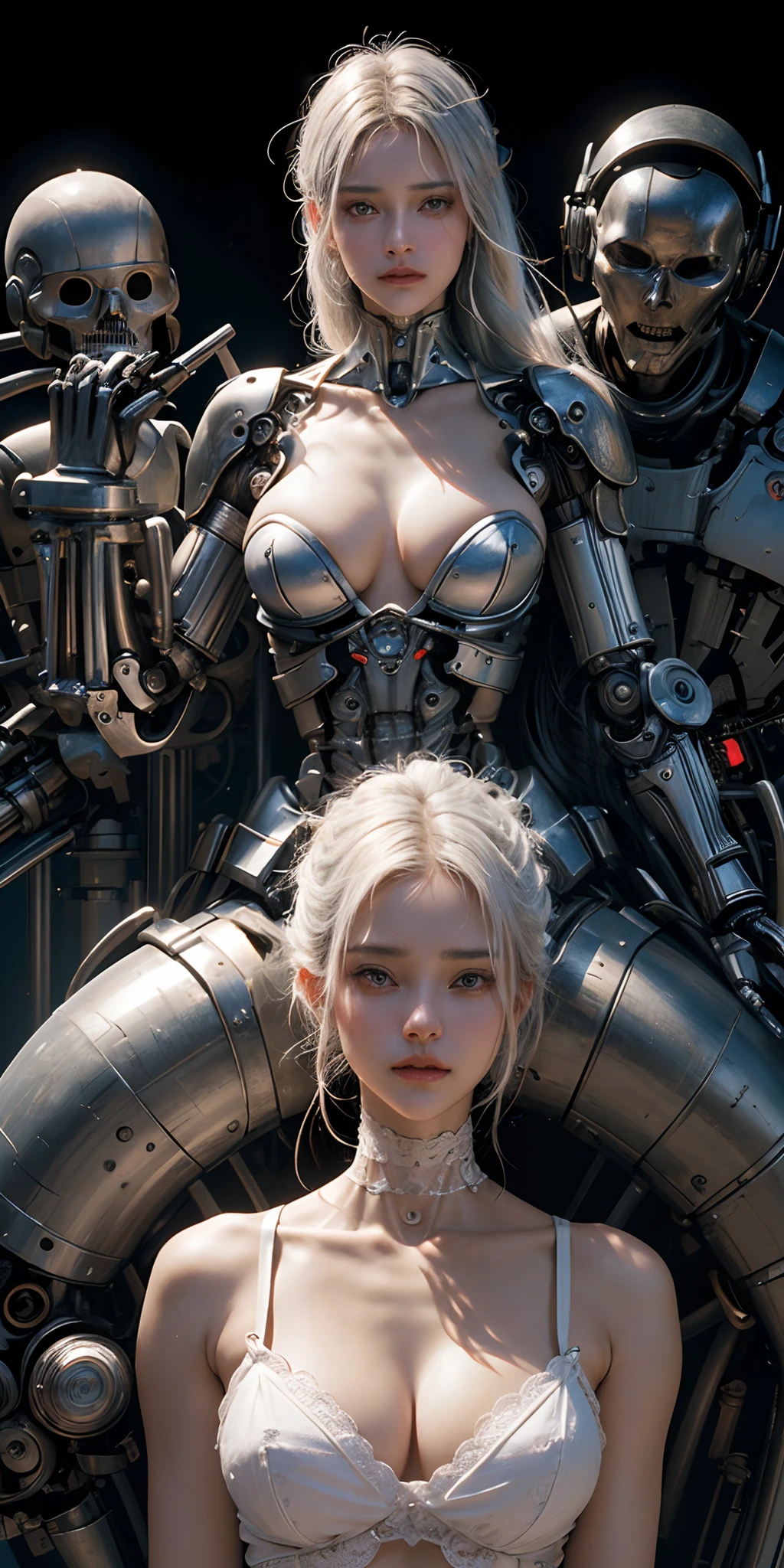 ((, La mejor calidad, 8k, Obra maestra :1.3)), todo el cuerpo, robot (((Obra maestra))), ((La mejor calidad)), (Ultra detallado), (cg illustration), (Un extremadamente tortuoso y hermoso)), cinematiclight, ((1 mechanical girl)), soltero, (Life Made by Machine), ((mechanical limbs)), ((Mechanical cervical vertebrae attached to the neck), (serio), inexpresivo, (Alambres y cables unidos a la cabeza y al cuerpo: 1.5), (Enfoque del personaje), Science-Fiction, El fin de los tiempos.white hair, big tits