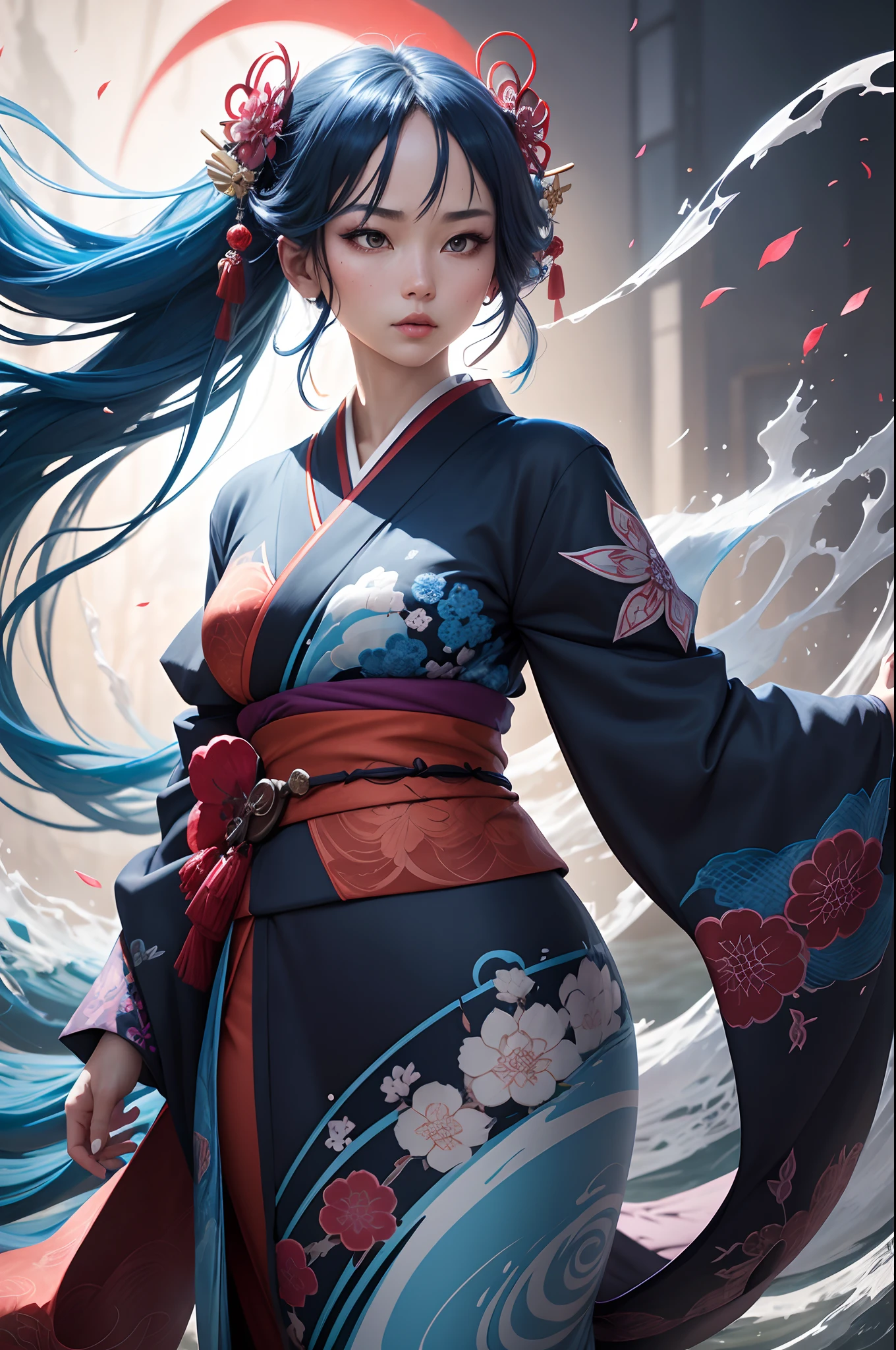 (best quality, masterpiece, colorful, dynamic angle, highest detailed)full body photo, ull body photo epic realistic, (close up), 1girl, floating blue_hair, long hair, (water:0.7), waterdrop, wet, holding_katana, blue_kimono with intricate pattern, ultra detailed, (textured_clothing), black_background, (intricate details, hyperdetailed:1.15), detailed, light passing through hair, (official art, extreme detailed, highest detailed),