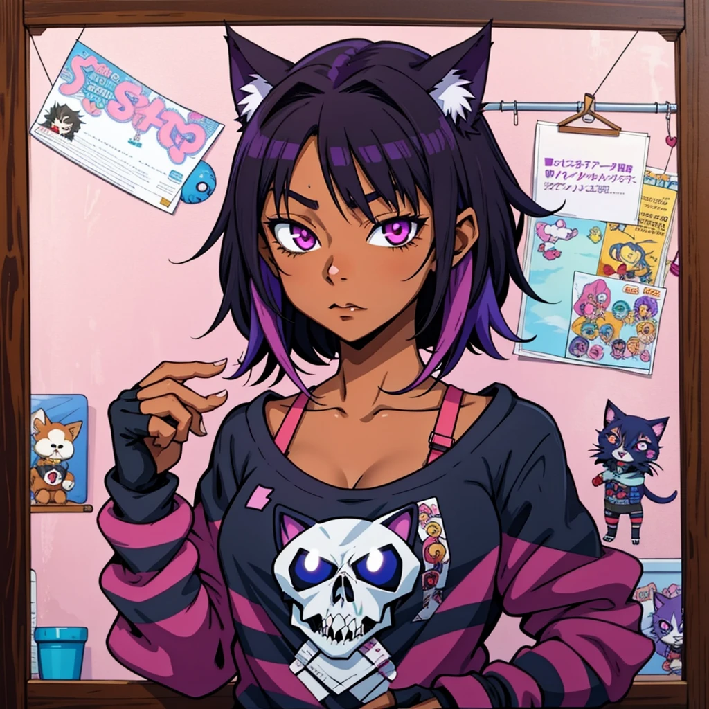 anime dark skinned girl with black hair and purple hair highlight wearing an black hoodie with magenta stripes, black shirt with skull logo on it, emo anime girl with fingerless gloves, 1 9 -  - old me goth girl, in anime style, cute anime catgirl, in an anime style, anime styled, anime monster girl, gothic maiden anime girl, portrait of a goth catgirl, dark skin girl, dark skin anime female