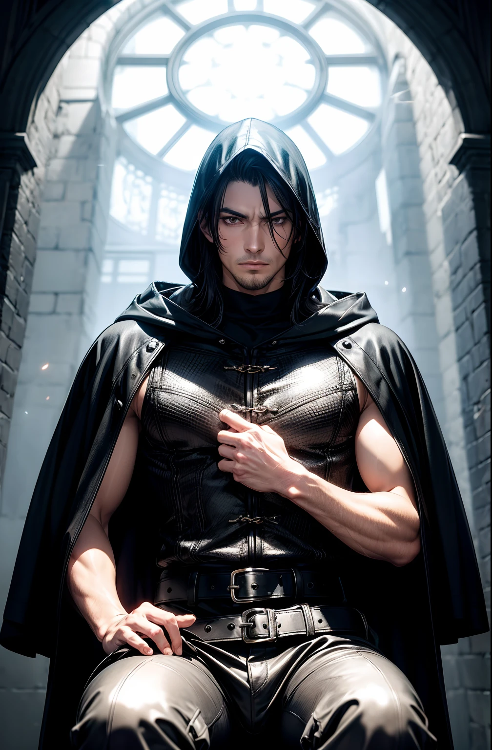 (absurderes, hight resolution, ultra-detailliert), 1 male, Adult, Handsome, High muscular face, broad shoulders, finely detailed eyes, Short black hair, Brown eyes, Black cloak, Wearing a hood, Leather Vest, Leather bag at waist.................................., 2 daggers on the belt, castle, Medieval atmosphere, Natural Light and Shadow, Bright particles fly around a person, Fantastic, Mysterious, Bright glow,  Seated Pose, Serious expression, Cold, thoughtful, Mouth Shut