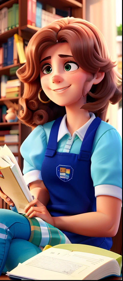Uma bela jovem de cabelo longo cacheado, sentada lendo um livro na varanda