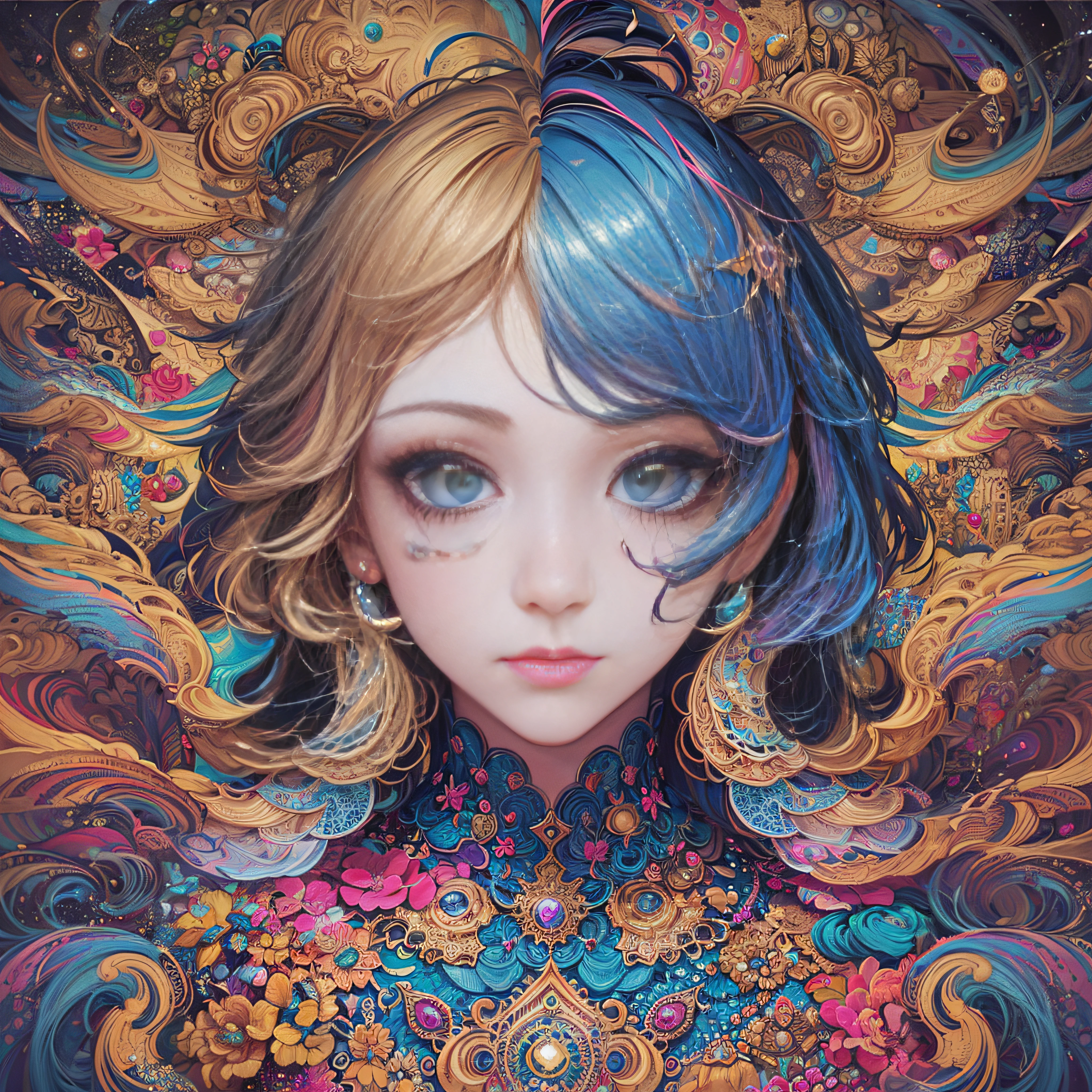 (​masterpiece、top-quality、top-quality、Official art、Beautifully Aesthetic:1.2)、Highly detailed fractal art、(colourfull:1.5)、highest details、Zentangle、a closeup、 (1girl in:1.5), 独奏, (dynamicposes), (Abstract background:1.5), (shinny skin),