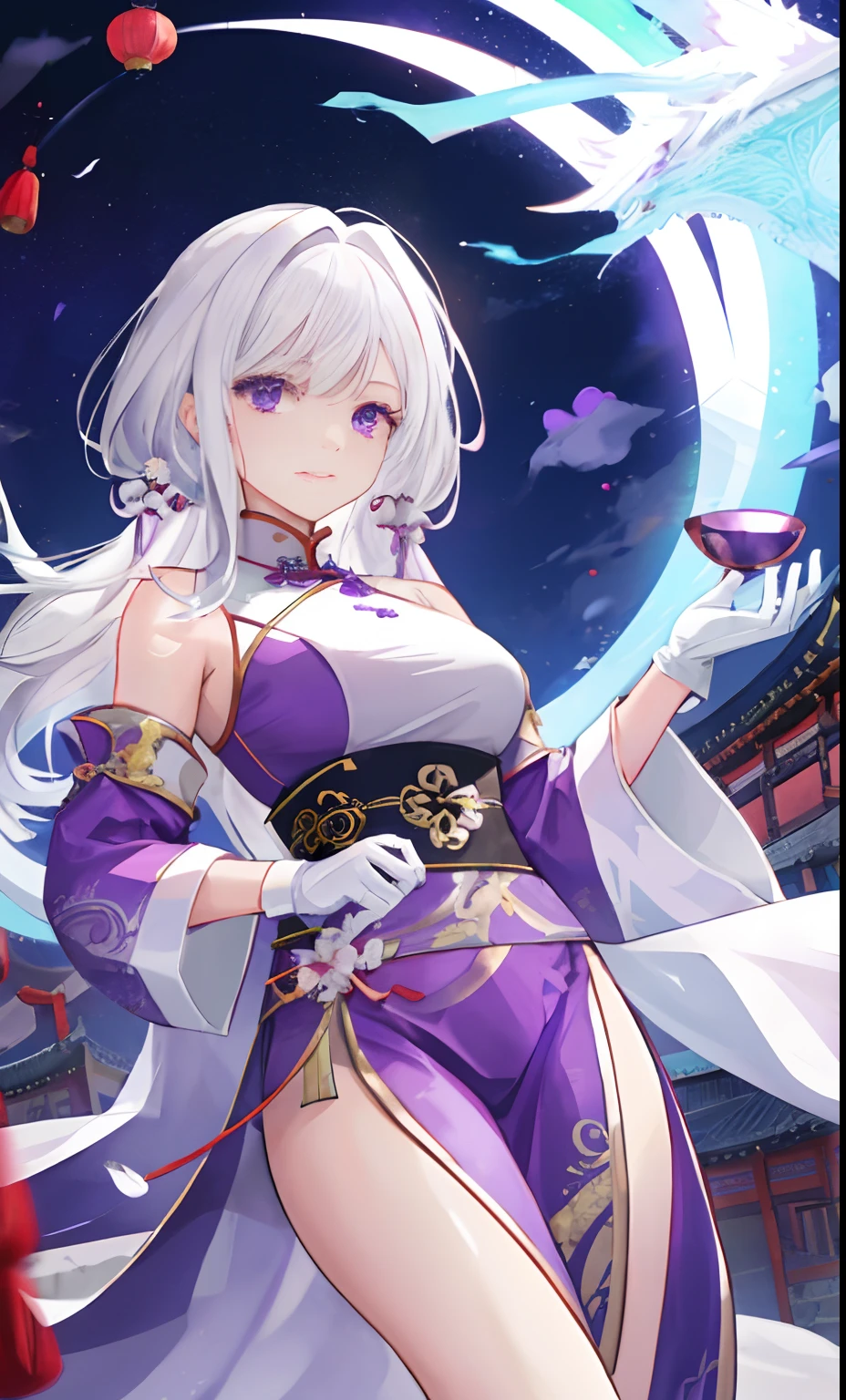 A woman,Watching the view,,White hair,Wear purple robes,Long white gloves are worn on the elbows(Must be above the elbow),There is a dragon behind him,Chinese Ancient Architecture