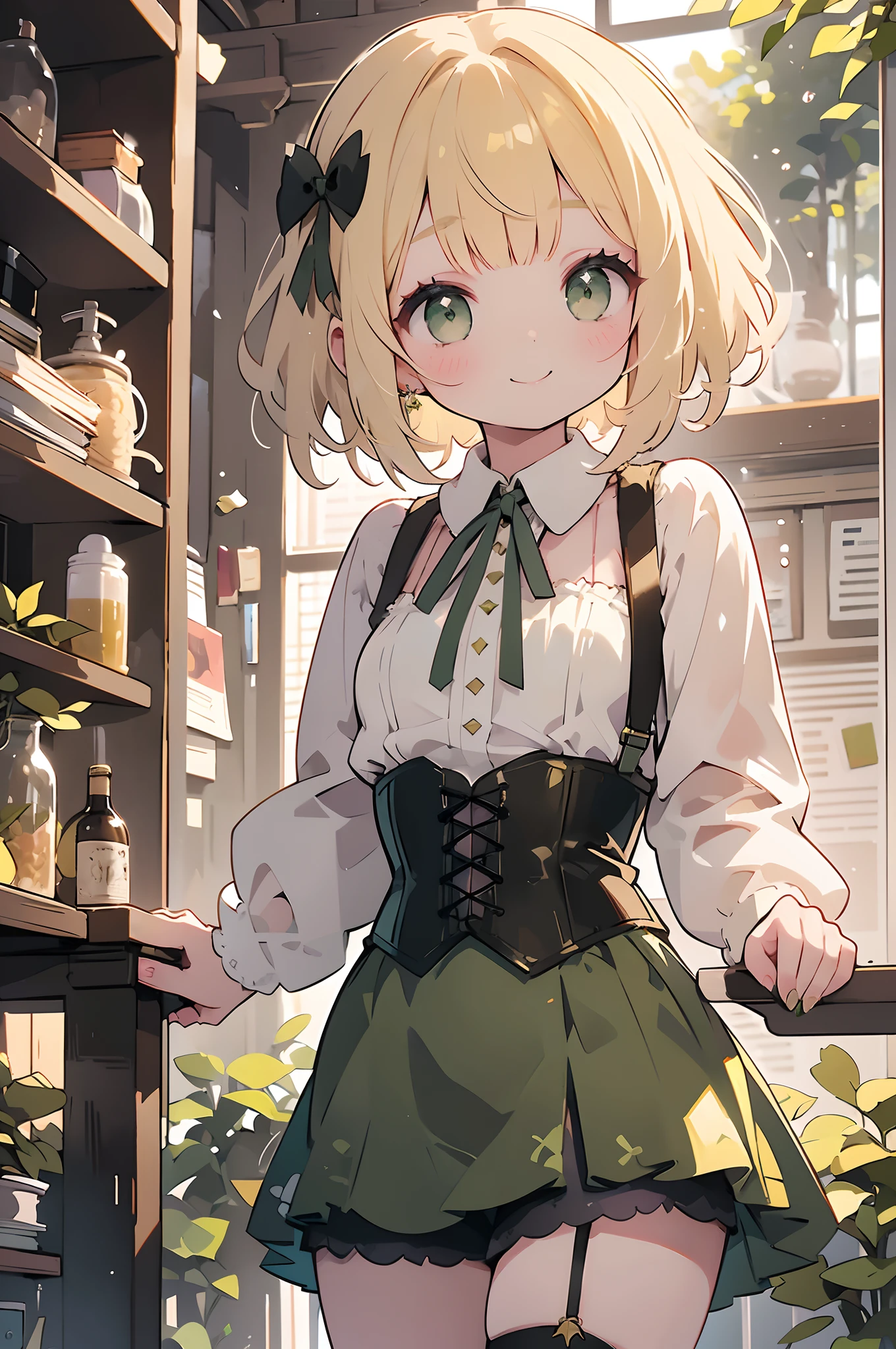 Girl with blonde and short bangs,The girl closes her mouth and smiles,Delicate Makeup,Moss Green Gothic,white long sleeved blouse,A large long ribbon in moss green with jewels on her neck,Wear a corset with suspenders over borderline shorts