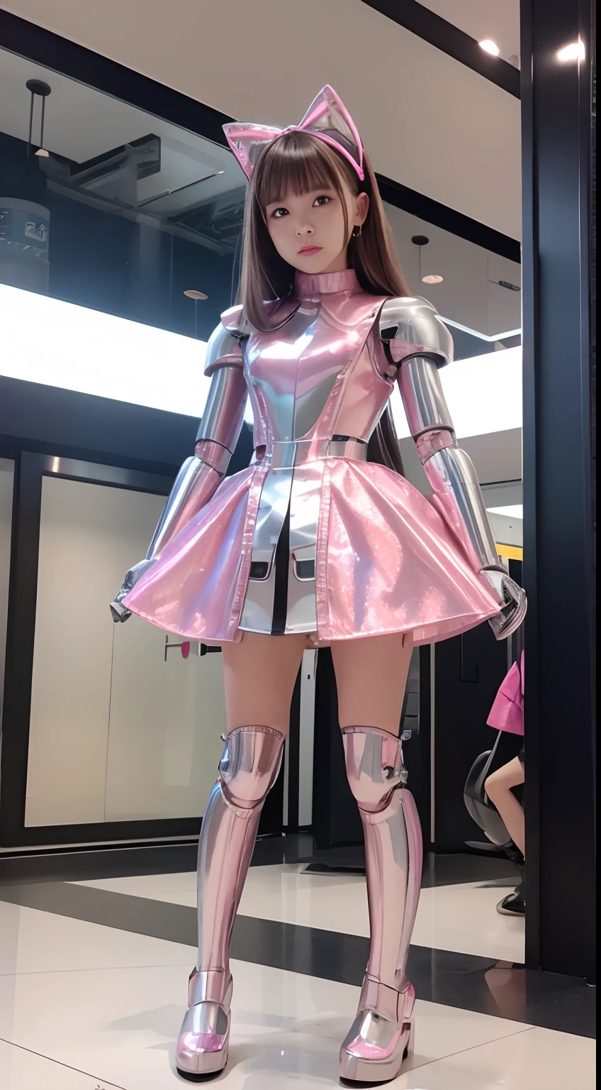 Robot Girl, pink there, Silver, Metallic body, Robot Parts, Metal Parts, Super Detailed Face, Super well-formed face, of the highest quality, a small face, a small head, Brown hair, Slender body, Camera gaze, Internal Mechanical Exposure, Idol, front facing, Well-proportioned body, sale, exhibition, Event Hall, Moe Pose, sleeve less pink metallic maid Dress Machine Armor, Standing with legs open, Model body type, sad, Embarrassing,(Perfect Robot Girl),(Perfect machine body)