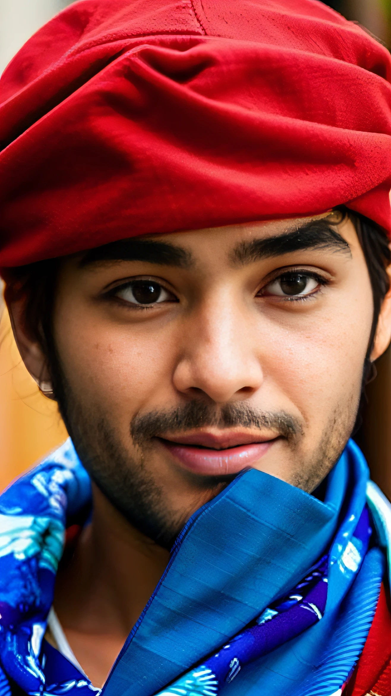 arafed Indian man with a blue hat and a blue scarf, good looking face, really good looking face!!, harsh good looking face, chilled out smirk on face, roguish smirk, pretty face!!, big smirk, very attractive, cute face, attractive and good looking, handsome face, wry smirk, very attractive and beautiful, very handsome