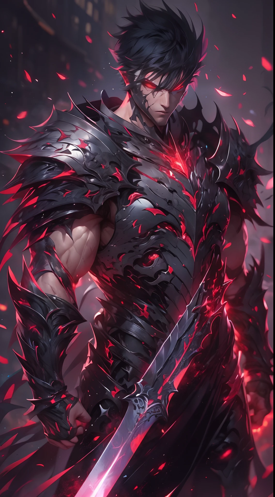 A high resolution, High quality,(Beautiful), ((Masterpiece)),Vibrant colors,1boys, mod \(rampage\), Male focus, Arms, Biceps, Strong muscles,scars in the face, Short black hair,  Bandages,The right eye is closed, A strand of white hair,Extremely angry face,(Hylock Knight,Armor, Shoulder armor, Black armor,Black cape,Giant sword, Glowing red eyes), hdr (HighDynamicRange), Maximum clarity and sharpness, Multi-layered textures,ultra - detailed,