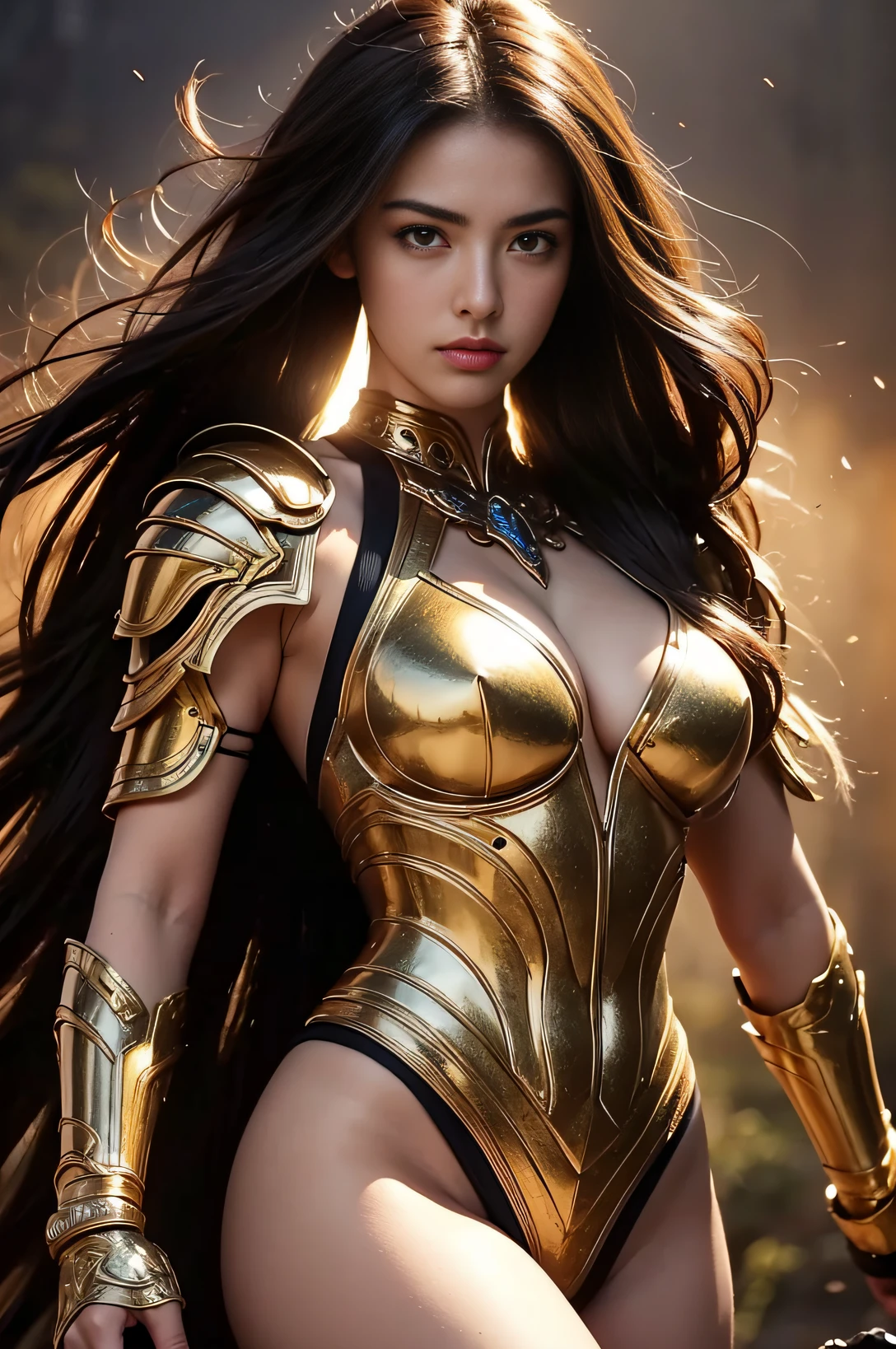 (Best Quality,4K,8K,hight resolution,masutepiece:1.2),Ultra-detailed,Realistic,Portrait,Beautiful Warrior Woman,sexy armor,Strong,which are full of confidence,Strong Face Features,Long flowing hair,intensegaze,powerful stance,Illuminated by a soft golden light,Vivid colors,An majestic,ornate armor,artistic rendering,Dramatic shadows,Textures rich in detail,Sword in hand,mysterious background,Full length portrait,portrait of a full body,Sexy look,wide hips,bare,Pubic hair shows through,Pedras preciosas