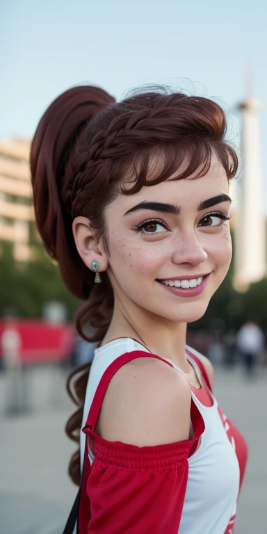 Photo of a 16-year-old European girl, .RAW, beautiful woman, (Light brown hair with ponytail hairstyle) light brown hair ponytail , pecas en mejillas , ojos azules , linda sonrisa , Wear metal braces on your teeth ,((retrato)), ((Cara detallada:1.2)), ((Detailed facial features)), (Piel finamente detallada), Pale skin,parque, Noria de Londres、camisa de manga corta color blanca con una flor rosa , falda amarilla con imagenes de cuadros , mocasines negros , calcetas blancas largas 、Un sexy(cool color), humid, humid, Reflectores, (Masutepiece) (proporciones perfectas)(fotos realistas)(La mejor calidad) (Detallado) fotografiado con una EOS R5 de Canon, Lente de 50 mm, f/2.8, NffSW, (8k) (papel tapiz) (cinematic lighting) (Dramatic lighting) (foco nítido) (Enrevesado) , Holding funny doll