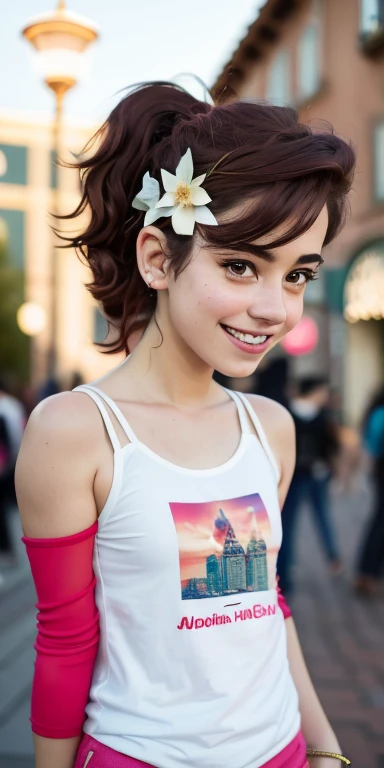 Photo of a 16-year-old European girl, .RAW, beautiful woman, (Light brown hair with ponytail hairstyle) light brown hair ponytail , pecas en mejillas , ojos azules , linda sonrisa , Wear metal braces on your teeth ,((retrato)), ((Cara detallada:1.2)), ((Detailed facial features)), (Piel finamente detallada), Pale skin,parque, Noria de Londres、camisa de manga corta color blanca con una flor rosa , falda amarilla con imagenes de cuadros , mocasines negros , calcetas blancas largas 、Un sexy(cool color), humid, humid, Reflectores, (Masutepiece) (proporciones perfectas)(fotos realistas)(La mejor calidad) (Detallado) fotografiado con una EOS R5 de Canon, Lente de 50 mm, f/2.8, NffSW, (8k) (papel tapiz) (cinematic lighting) (Dramatic lighting) (foco nítido) (Enrevesado) , Holding funny doll