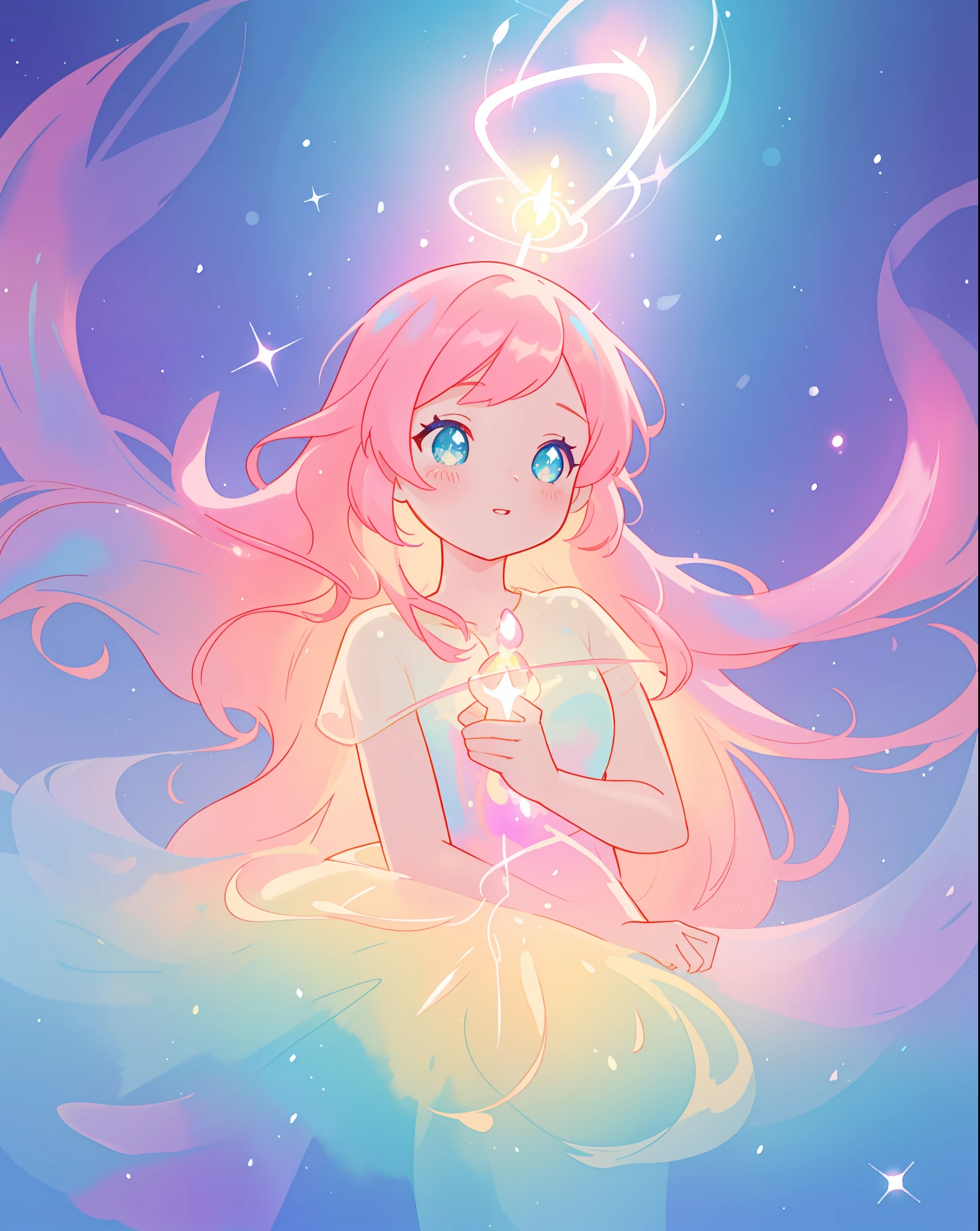 beautiful girl in sparkling gradient ballgown, long wavy peach pink hair, vibrant pastel colors, (colorful), colorful watercolor background, ethereal, magical lights, sparkling liquid light, inspired by Glen Keane, inspired by Lois van Baarle, disney art style, by Lois van Baarle, glowing aura around her, by Glen Keane, jen bartel, glowing lights! digital painting, flowing glowing hair, glowing flowing hair, beautiful digital illustration, fantasia background, whimsical, magical, fantasy, beautiful face, ((masterpiece, best quality)), intricate details, highly detailed, sharp focus, 8k resolution, sparkling detailed eyes, liquid watercolor