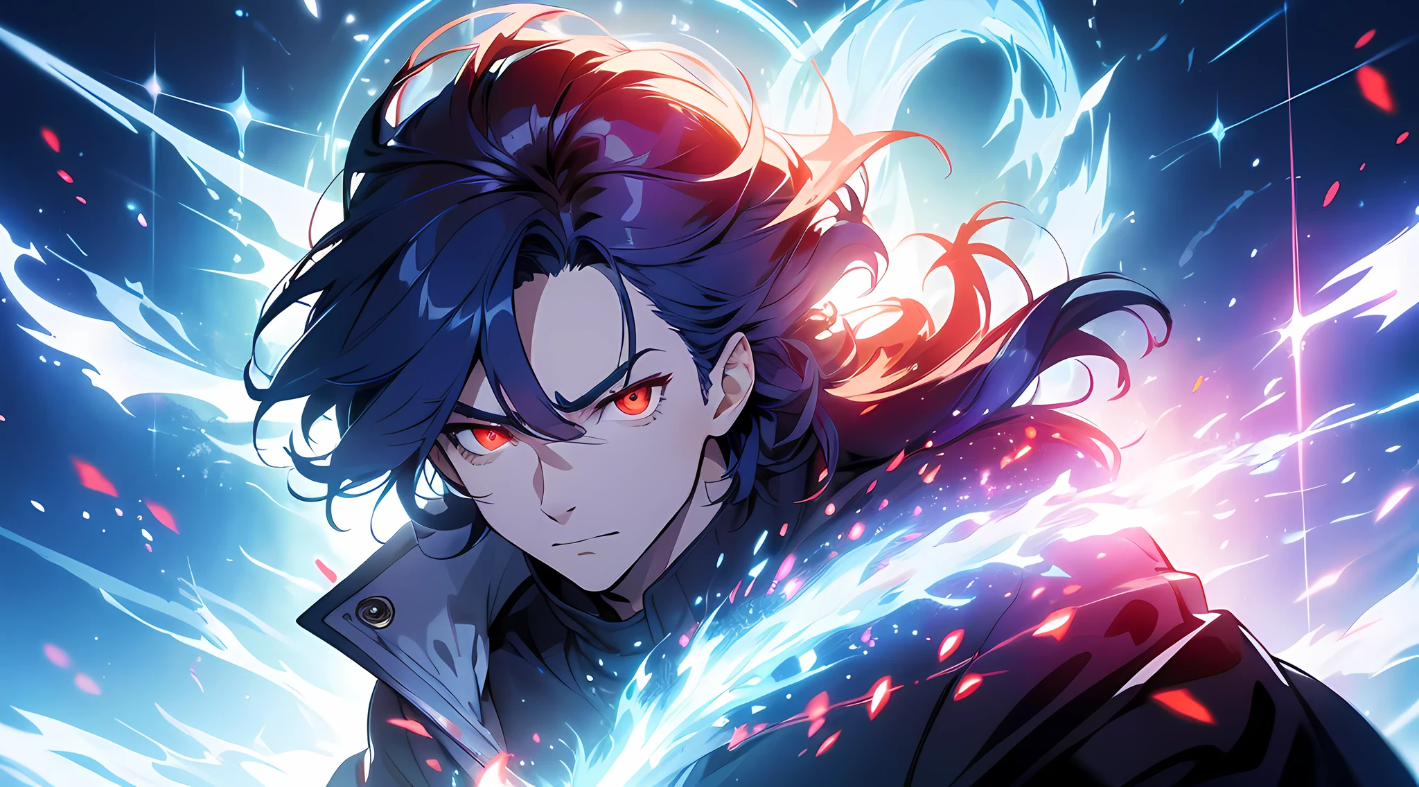 (ultra-detailed, perfect pixel, highres, best quality, beautiful eyes finely detailed), 19 years old boy, (full body:0.6), have power like demon god in manhwa, full of demonic aura, angry facial expression, red eye color (glowing red eyes), blue hair (half of his hair covered with blue flame), with aristocrat style outfit, elegant, detective, realistic fire, the background is full of magical particles and realistic blue fire. lens flare, glowing light, reflection light, motion blur, 8k, super detail, ccurate, best quality, Ray tracing.