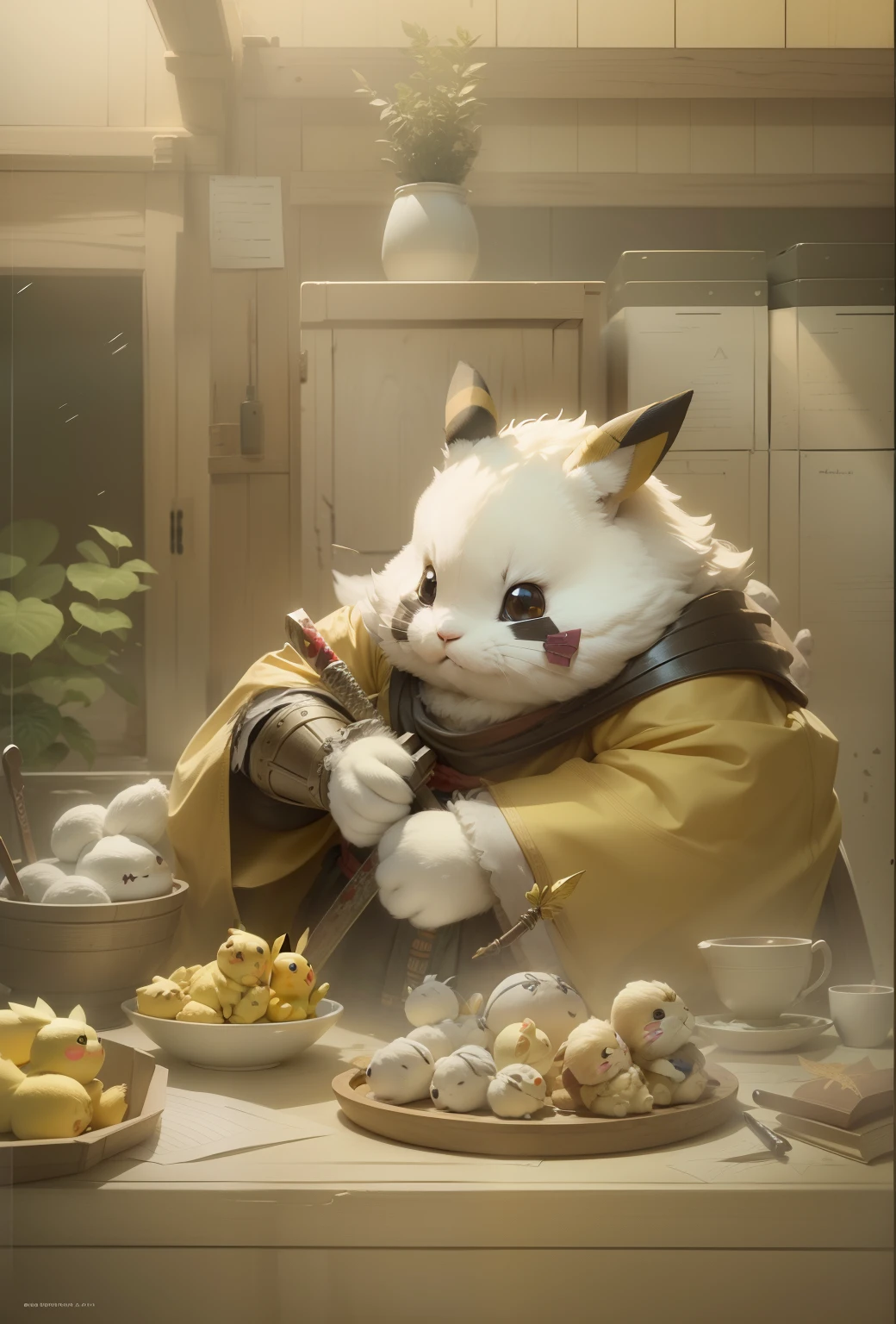 (On parchment paper, Characteristic Leaf), A full body shot, Long shot of cute fluffy yellow humanoid pikachu bandits with bandana on their head, Character sheet of old parchment paper with 24K resolution, high detail, photo realism, Realistic sketch, Rough sketch, mix of bold dark lines and loose lines, bold lines, humanoid, centered, Focus on character, Large Samurai Sword, and automatons and fluffy rabbit feet, Рафф Баттл носит Visage Dusty Cute.