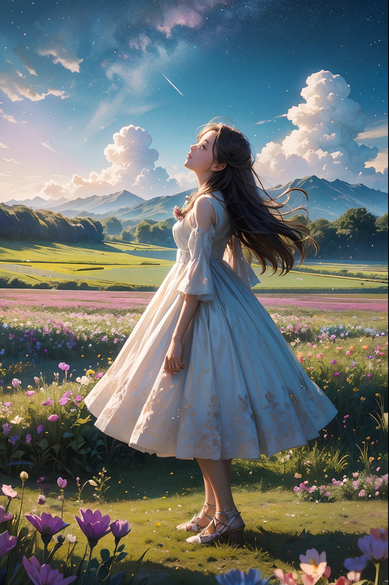 There is a girl standing in a flower field looking up at the sky, A girl standing in a flower field, A girl walks in a flower field, Get lost in a dreamy wonderland, standing in flower field, dreamlike digital painting, The sky is gradually clearing, The starry sky gradually receded