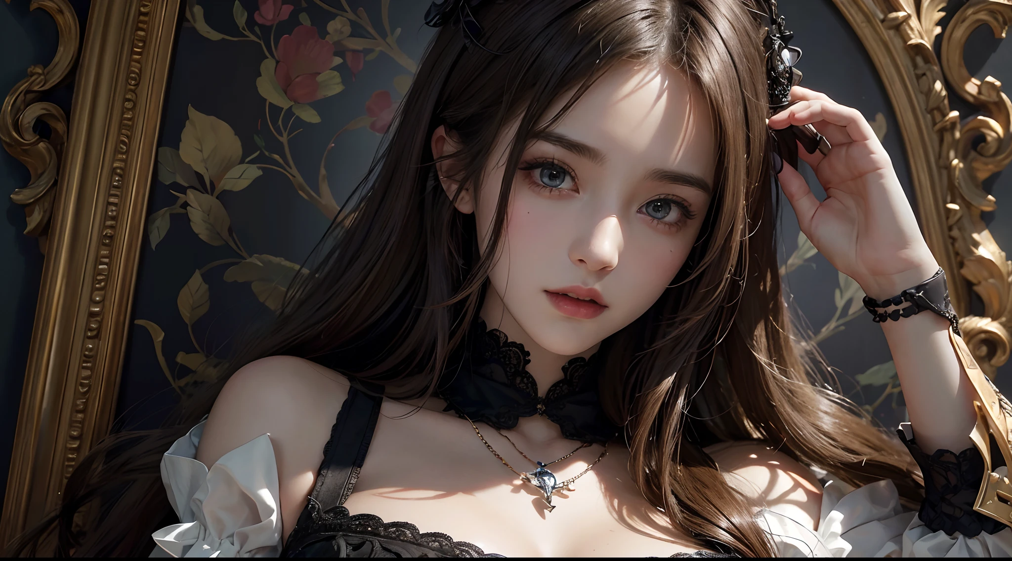 (best quality,4k,8k,highres,masterpiece:1.2), ultra-detailed, (realistic,photorealistic,photo-realistic:1.37),(beautiful detailed eyes, beautiful detailed lips, extremely detailed eyes and face, long eyelashes),studio lighting,physically-based rendering,vivid colors,(big tits, super big tits, super extra big tits),(ponytail hairstyle),(natural smile expression),(earrings, choker, ring, maid's clothing),(soft lighting),(retro atmosphere),(off-center composition),