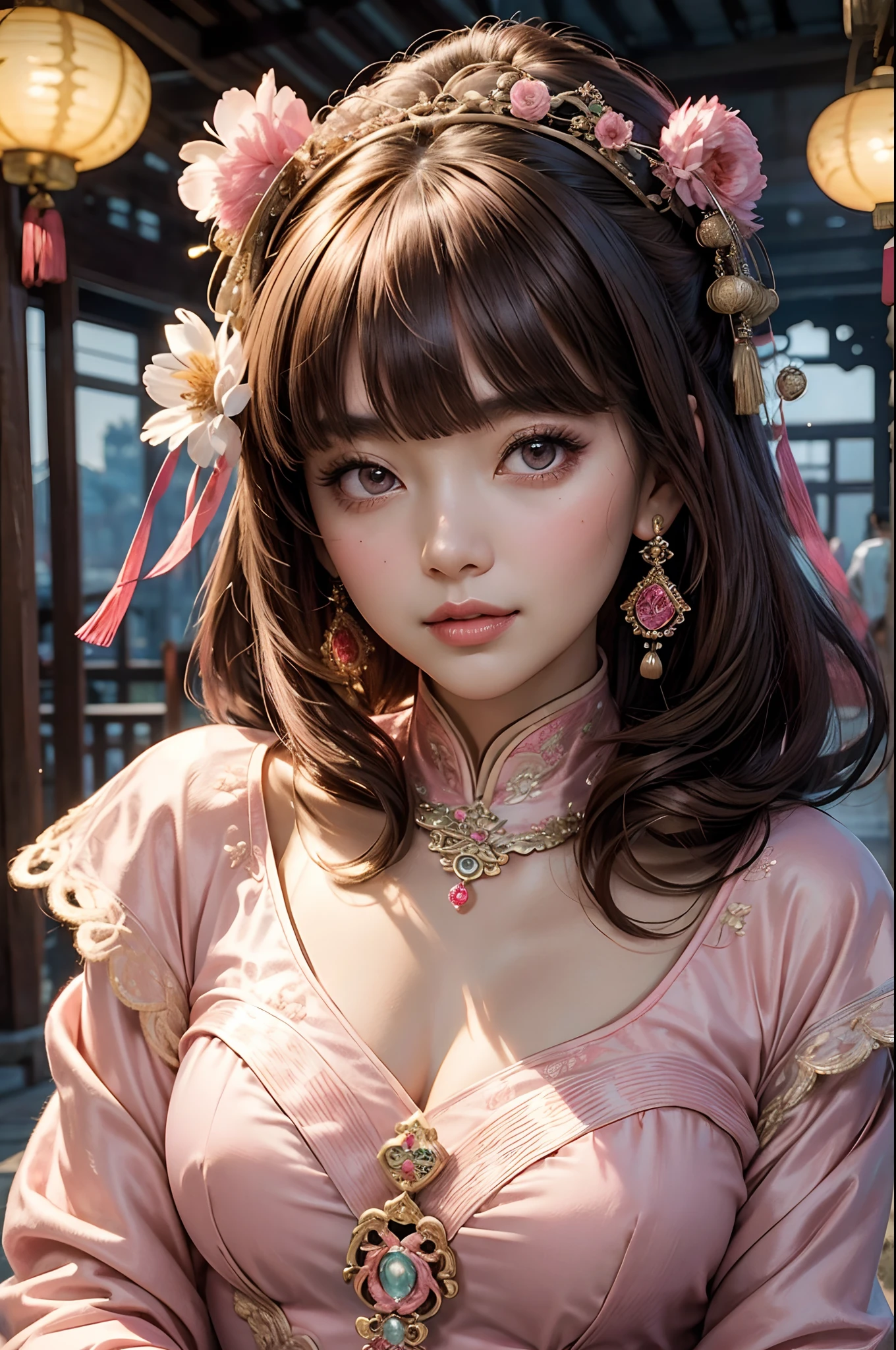 Masterpiece, Best quality, Waterfront, banquet, 1 woman, Mature woman, elegant, Chinese style, Ancient China, sister, Royal Sister, cheerfulness, Meatball heads, Light brown hair, Pink eyes, Gorgeous headdress, Light pink lips, Pink clothes, Yarn-like clothing, Intellectual, Full bangs, Flat bangs, Flower bulbs, Face delicate,updo