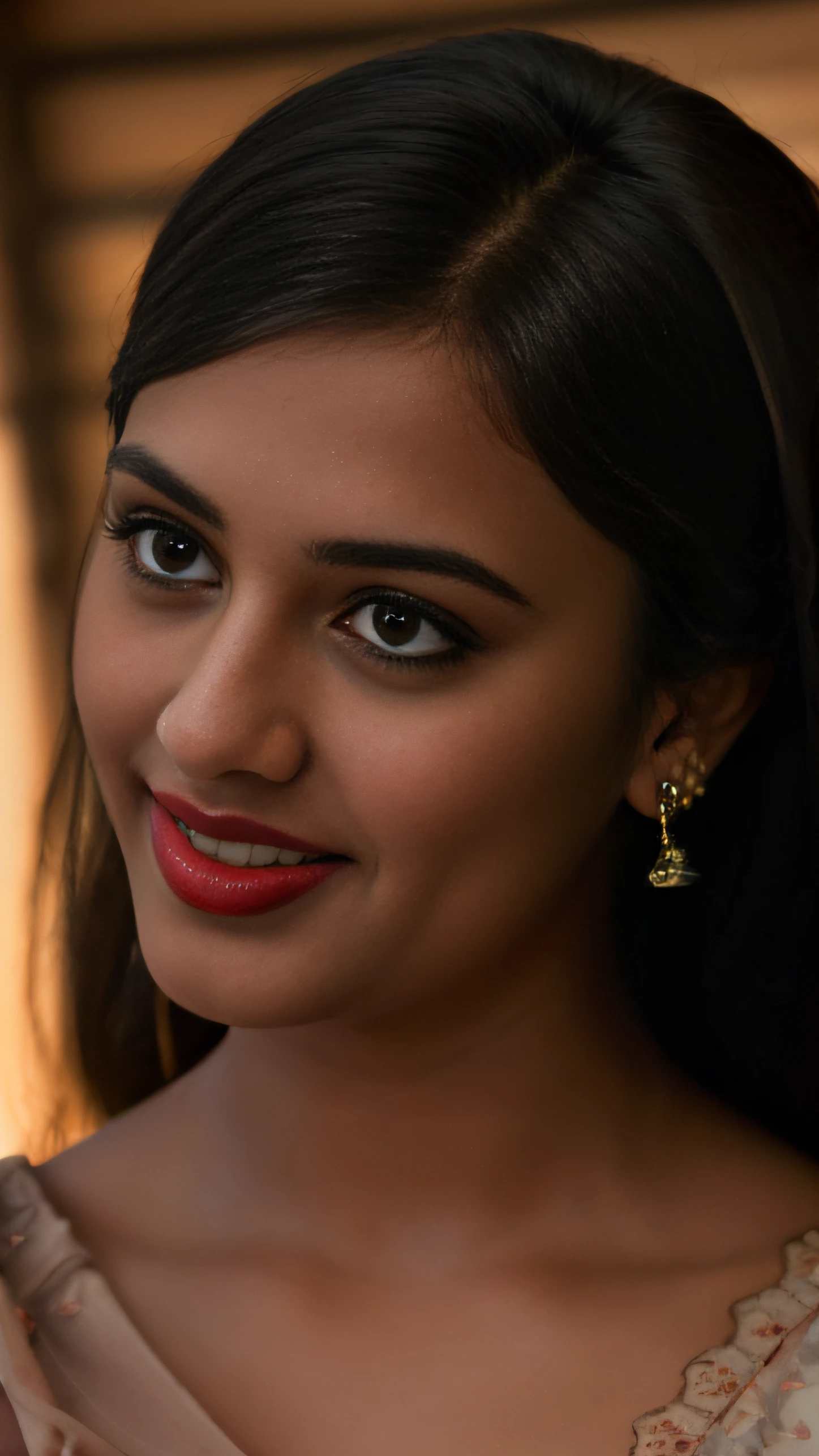 (editorial photograph of a young Indian woman with big boobs red lips)、karla ortiz, (highly detailed face:1.4) (smile:0.7) (backround 5 star hotel , moody, private study:1.3) POV, by lee jeffries, nikon d850, film stock photograph ,4 kodak portra 400 ,camera f1.6 lens ,rich colors ,hyper realistic ,lifelike texture, dramatic lighting , cinestill 800, realistic, wearing Black dobby weave self design fit & flare dress Sweetheart neck Short, puff sleeve Tie-up detail on back Above knee length in flounce hem Attached Lining Chiffon fabric, actress, karla ortiz, posing!!, candid picture, by Max Dauthendey