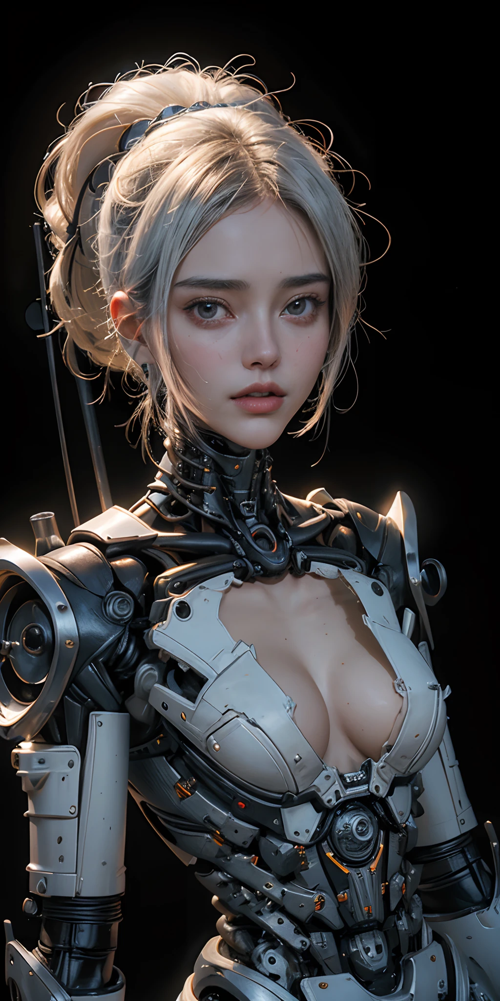 ((, La mejor calidad, 8k, Obra maestra :1.3)), todo el cuerpo, robot (((Obra maestra))), ((La mejor calidad)), (Ultra detallado), (cg illustration), (Un extremadamente tortuoso y hermoso)), cinematiclight, ((1 mechanical girl)), soltero, (Life Made by Machine), ((mechanical limbs)), ((Mechanical cervical vertebrae attached to the neck), (serio), inexpresivo, (Alambres y cables unidos a la cabeza y al cuerpo: 1.5), (Enfoque del personaje), Science-Fiction, El fin de los tiempos.,white hair ,big tits,cyberpunk,retrofuturistic,neon lights
