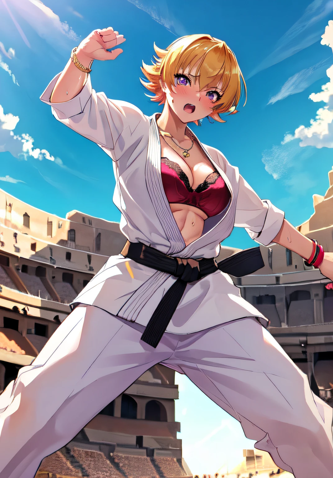 igawa,medium breasts,bouncing breasts,cleavage,blonde hair,bobcut, purple eyes,navel,(karate gi,:1.2),(gorgeous bra,underboob:1.1),micro panties,(sweat gleaming skin:1.1), outdoors,sunlight, spotlight effect,bright sky, blue sky with clouds,strong wind, (colosseum),(highres, high quality:1.1), intricate details, cinematic lighting, 1girl,(red blush,angry),(Gorgeous Necklace,jewelry, bracelet),(dynamic fighting pose:1.2),dynamic angle,from below