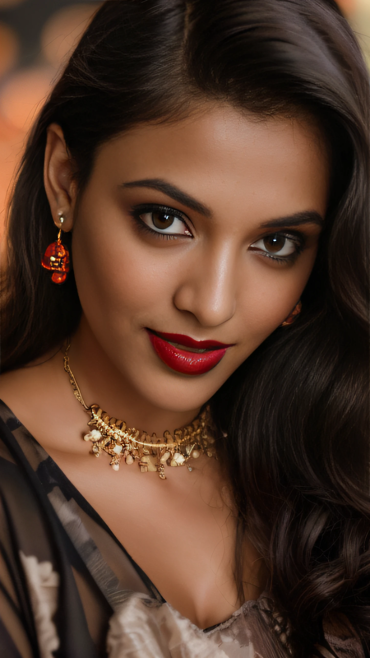 (editorial photograph of a young Indian woman with big boobs red lips)、karla ortiz, (highly detailed face:1.4) (smile:0.7) (backround 5 star hotel , moody, private study:1.3) POV, by lee jeffries, nikon d850, film stock photograph ,4 kodak portra 400 ,camera f1.6 lens ,rich colors ,hyper realistic ,lifelike texture, dramatic lighting , cinestill 800, realistic, wearing Black dobby weave self design fit & flare dress Sweetheart neck Short, puff sleeve Tie-up detail on back Above knee length in flounce hem Attached Lining Chiffon fabric, actress, karla ortiz, posing!!, candid picture, by Max Dauthendey
