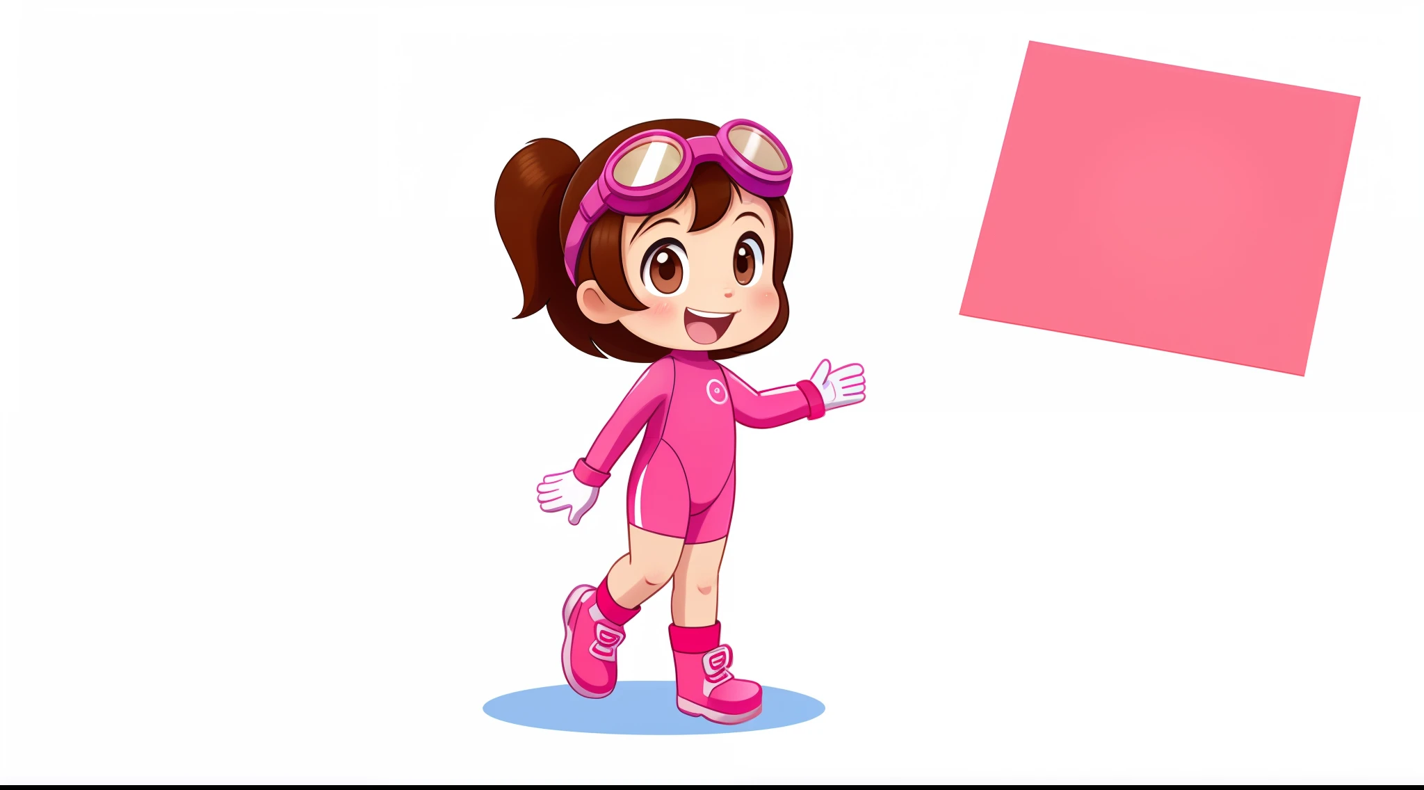 front image of a single 5 year old girl waving her hands, alone, happy, with brown hair, brown eyes, rosy cheeks, pink wetsuit, white gloves, pink shoes, goggles, diving shoes, full body, white background, 2D style children's illustration.