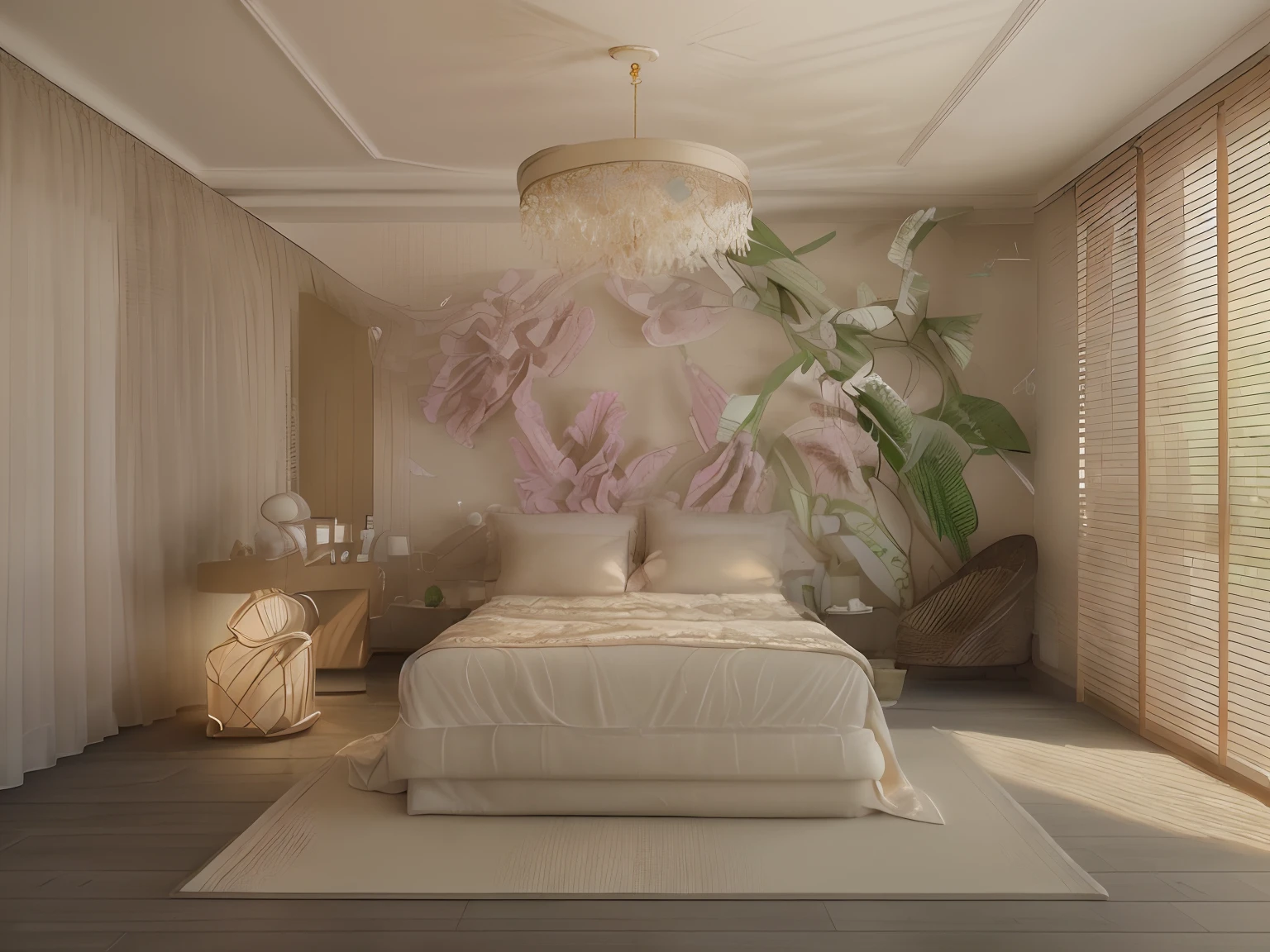 best quality, 4k, 8k, high resolution, masterpiece: 1.2), super detailed, (realistic, photo-realistic, photo-realistic: 1.37), pink bedroom, cozy, soft space commercial and inviting, pillows and duvets, wall art decoration, decorative flowers, modern furniture, dreamy atmosphere, delicate pastel colors, warm sunlight shining through the windows, relaxing environment and serenity, comfortable seating area, lush carpets, delicate curtains, cozy reading nook, peaceful and quiet setting, homely and welcoming, impeccable attention to detail , stylish and elegant, meticulously arranged interior, bright and airy, soft and gentle texture, luxurious and elegant, gently scented candles, dreamlike quality, harmonious colors and gentle, delicate shimmer and shine, serenity and tranquility, rustic and classic accents