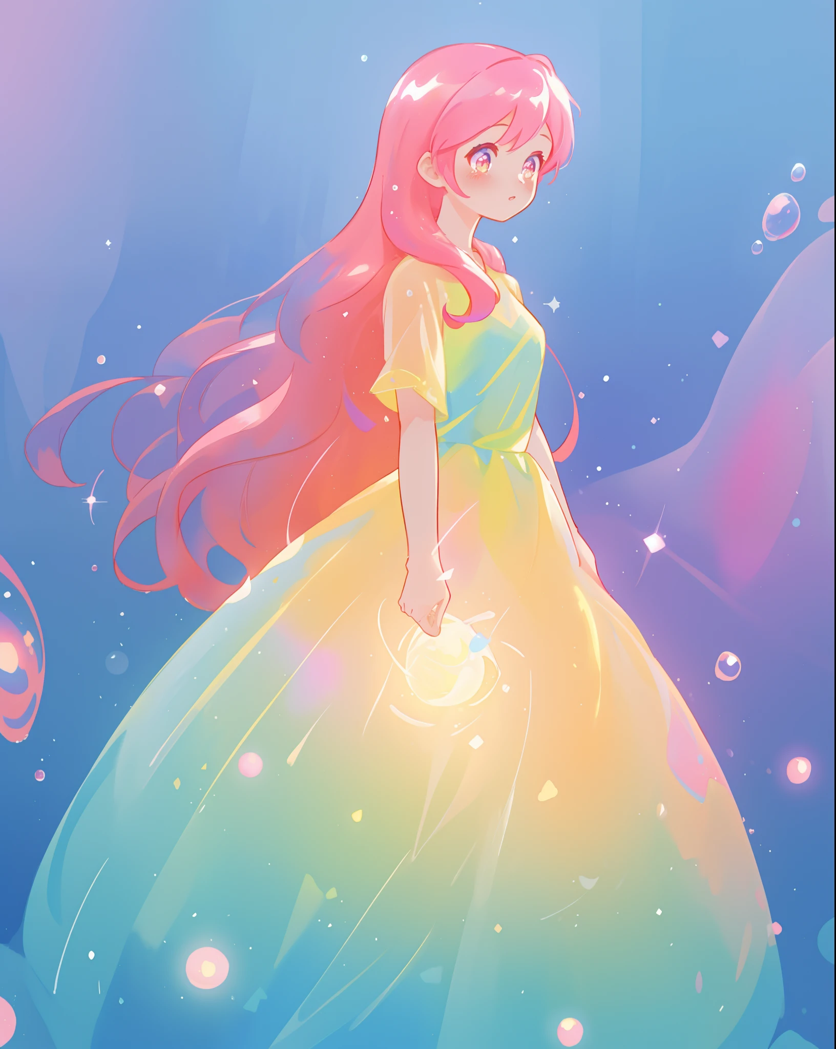 beautiful girl in sparkling gradient ballgown, long wavy peach pink hair, vibrant pastel colors, (colorful), colorful watercolor background, ethereal, magical lights, sparkling liquid light, inspired by Glen Keane, inspired by Lois van Baarle, disney art style, by Lois van Baarle, glowing aura around her, by Glen Keane, jen bartel, glowing lights! digital painting, flowing glowing hair, glowing flowing hair, beautiful digital illustration, fantasia background, whimsical, magical, fantasy, beautiful face, ((masterpiece, best quality)), intricate details, highly detailed, sharp focus, 8k resolution, sparkling detailed eyes, liquid watercolor