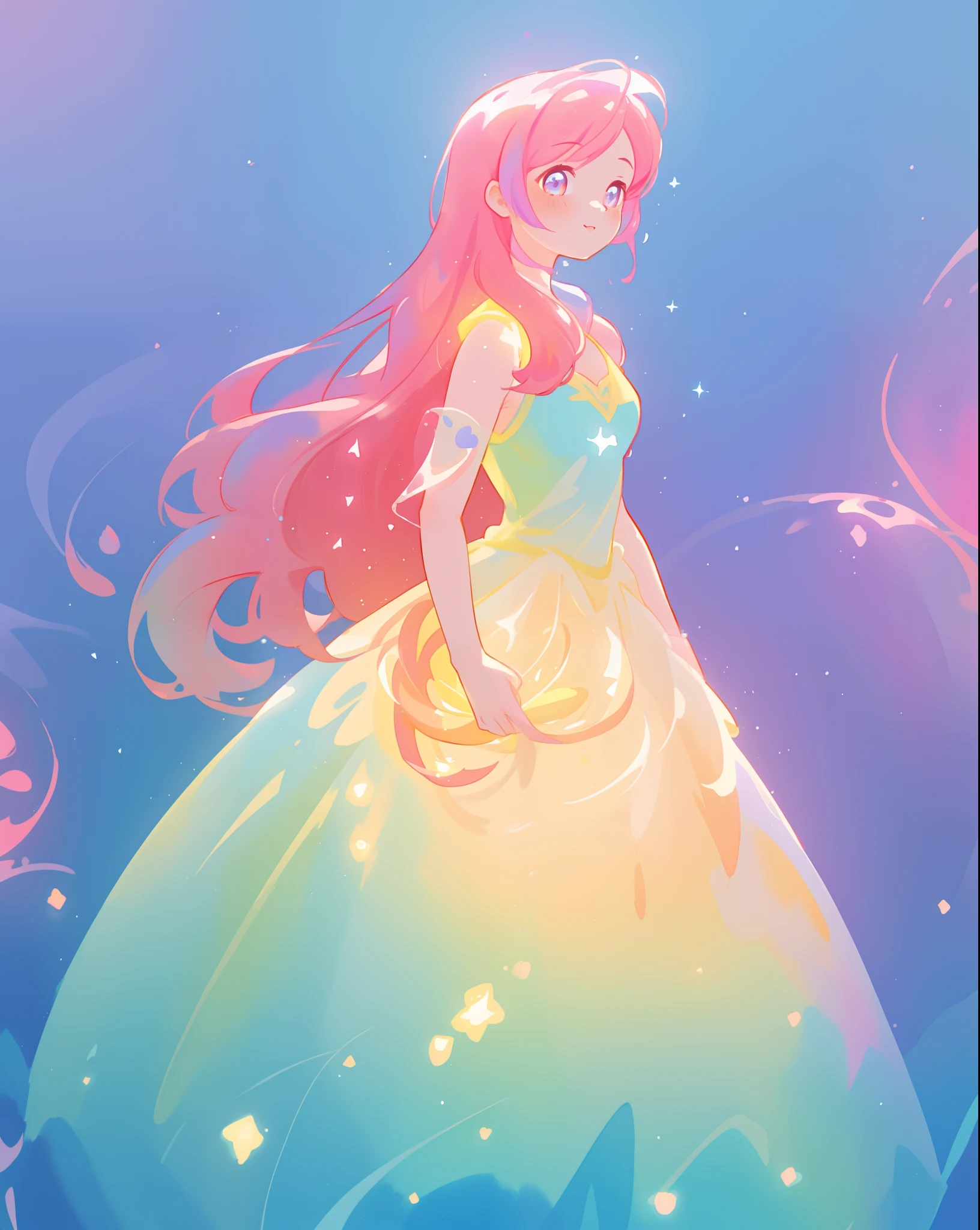 beautiful girl in sparkling gradient ballgown, long wavy peach pink hair, vibrant pastel colors, (colorful), colorful watercolor background, ethereal, magical lights, sparkling liquid light, inspired by Glen Keane, inspired by Lois van Baarle, disney art style, by Lois van Baarle, glowing aura around her, by Glen Keane, jen bartel, glowing lights! digital painting, flowing glowing hair, glowing flowing hair, beautiful digital illustration, fantasia background, whimsical, magical, fantasy, beautiful face, ((masterpiece, best quality)), intricate details, highly detailed, sharp focus, 8k resolution, sparkling detailed eyes, liquid watercolor