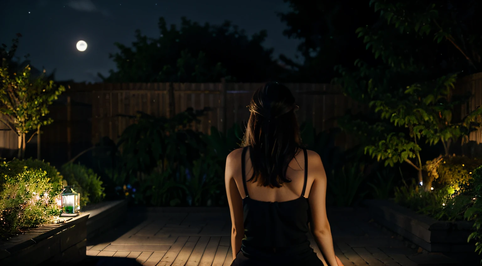 a woman sitting with her back to the screen in a moonlit garden at night.