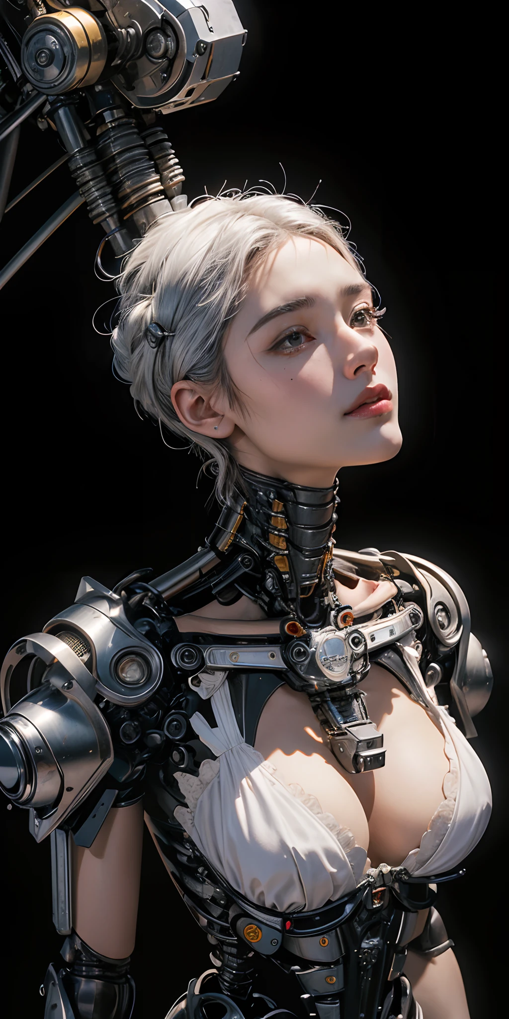 ((, La mejor calidad, 8k, Obra maestra :1.3)), todo el cuerpo, robot (((Obra maestra))), ((La mejor calidad)), (Ultra detallado), (cg illustration), (Un extremadamente tortuoso y hermoso)), cinematiclight, ((1 mechanical girl)), soltero, (Life Made by Machine), ((mechanical limbs)), ((Mechanical cervical vertebrae attached to the neck), (serio), inexpresivo, (Alambres y cables unidos a la cabeza y al cuerpo: 1.5), (Enfoque del personaje), Science-Fiction, El fin de los tiempos.white hair, big tits